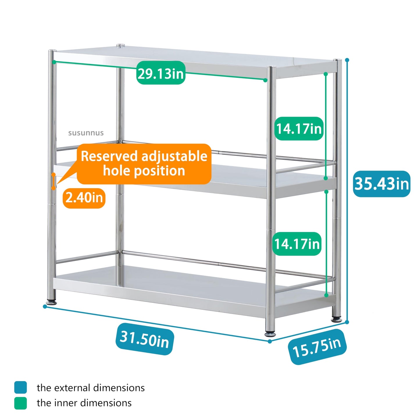susunnus Stainless Steel Shelves 3 Tier Storage Shelves for Kitchen Garage Shelves Heavy Duty Shelving Metal Shelving Units and Storage Kitchen Industrial Storage Rack(with Guardrails)
