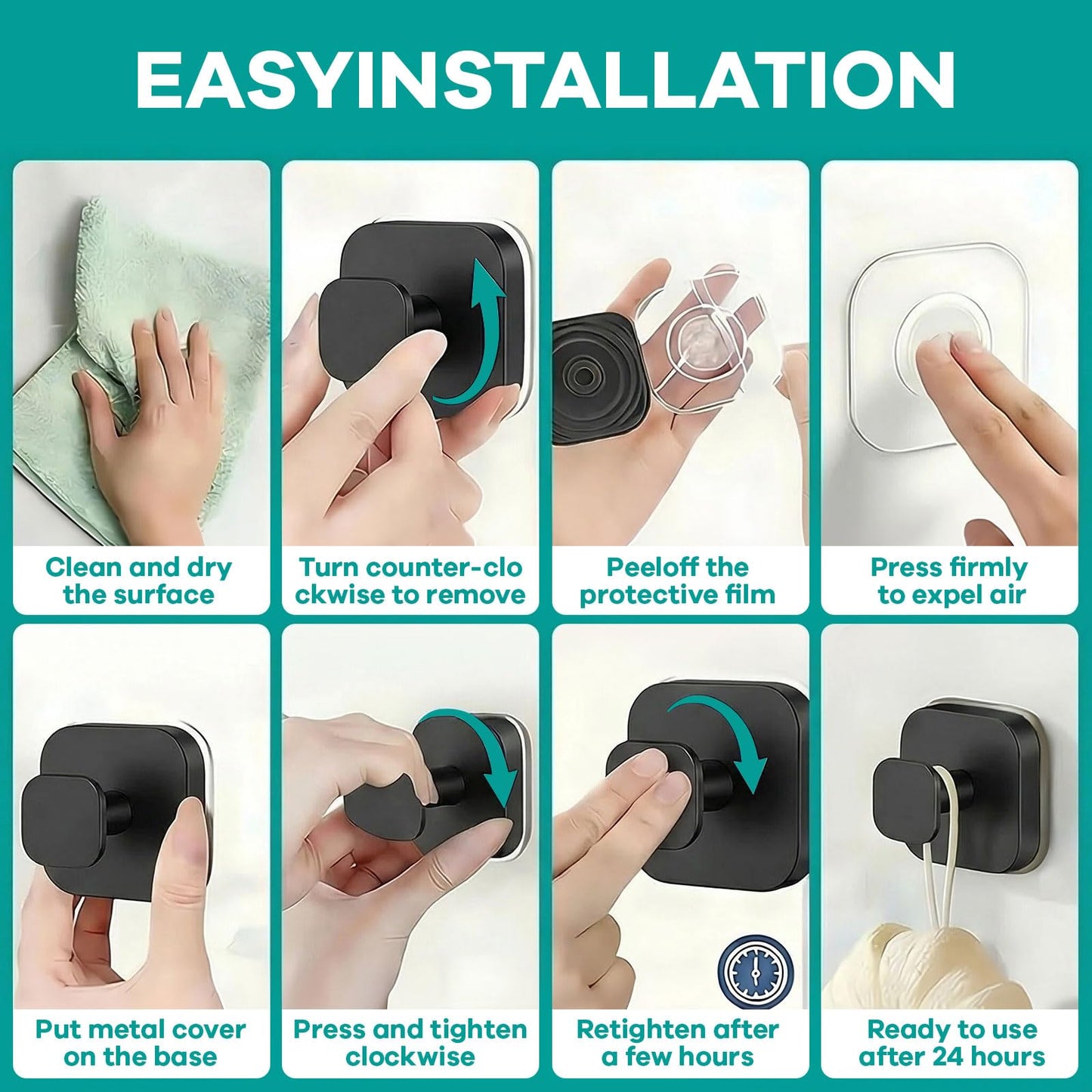 Fliverly Suction Cup Hooks for Shower,Heavy Duty No-Drill Removable & Reusable Hooks,Strong Hold Metal Towel Robe Loofah Hanger for Bathroom Kitchen Glass Mirror Tile Smooth Surfaces (Black,4 Packs)