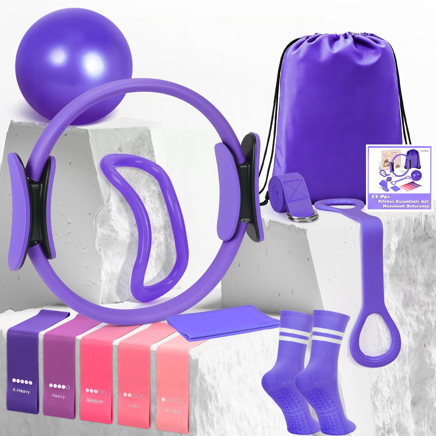 Pilates Kit for Women 13PCS, Pilates Ring and Ball Set with Magic Circle, Resistance Bands Set, Figure 8 Band, Yoga Ring & Grip Socks, Home Workout Equipment Essentials Starter Kit for Beginners