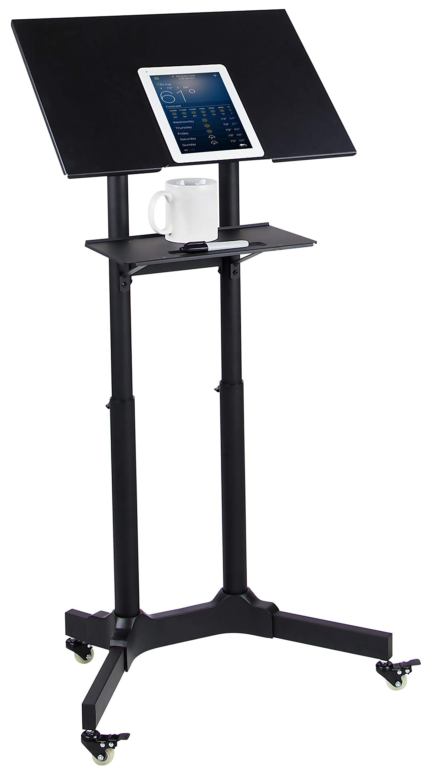 Mount-It! Mobile Podium Stand with Wheels, Adjustable Height Rolling Lectern, Portable Standing Desk with Tilted Shelf and Storage for Office, Classroom, and Presentations