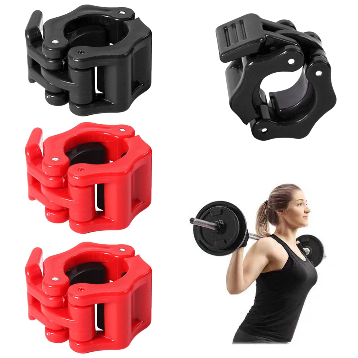 4 Pack Dumbbell Barbell Clamps 30mm, Quick Release Weight Bar Collars, Secure Locking Barbell Clips for Weightlifting, Workout, Strength Training & Fitness Accessories (Black+Red)