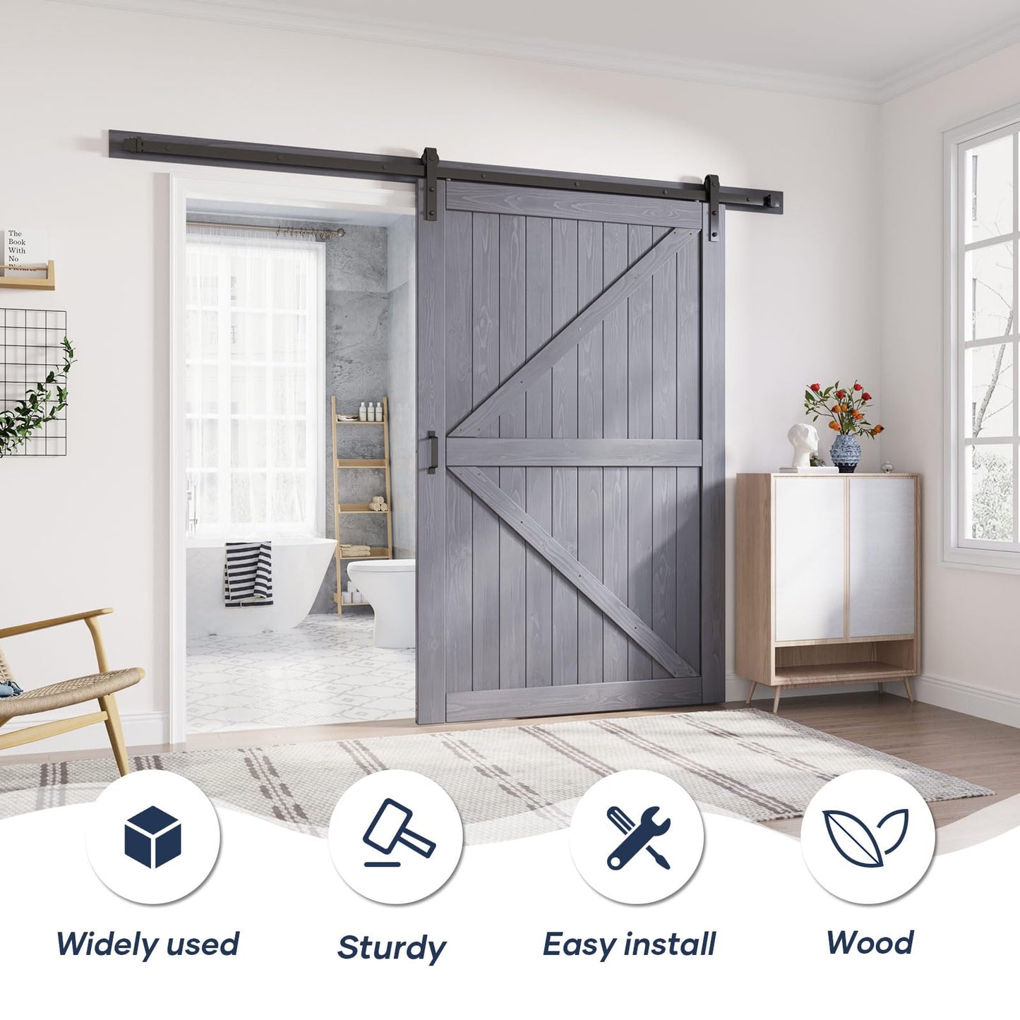 FREDBECK 54in x 84in Gray Wood Barn Door Slab with 9ft (108inch) Barn Door Hardware Track Kit Included, Double Surfaces,Simple Assembly is Required,K-Frame,Grey
