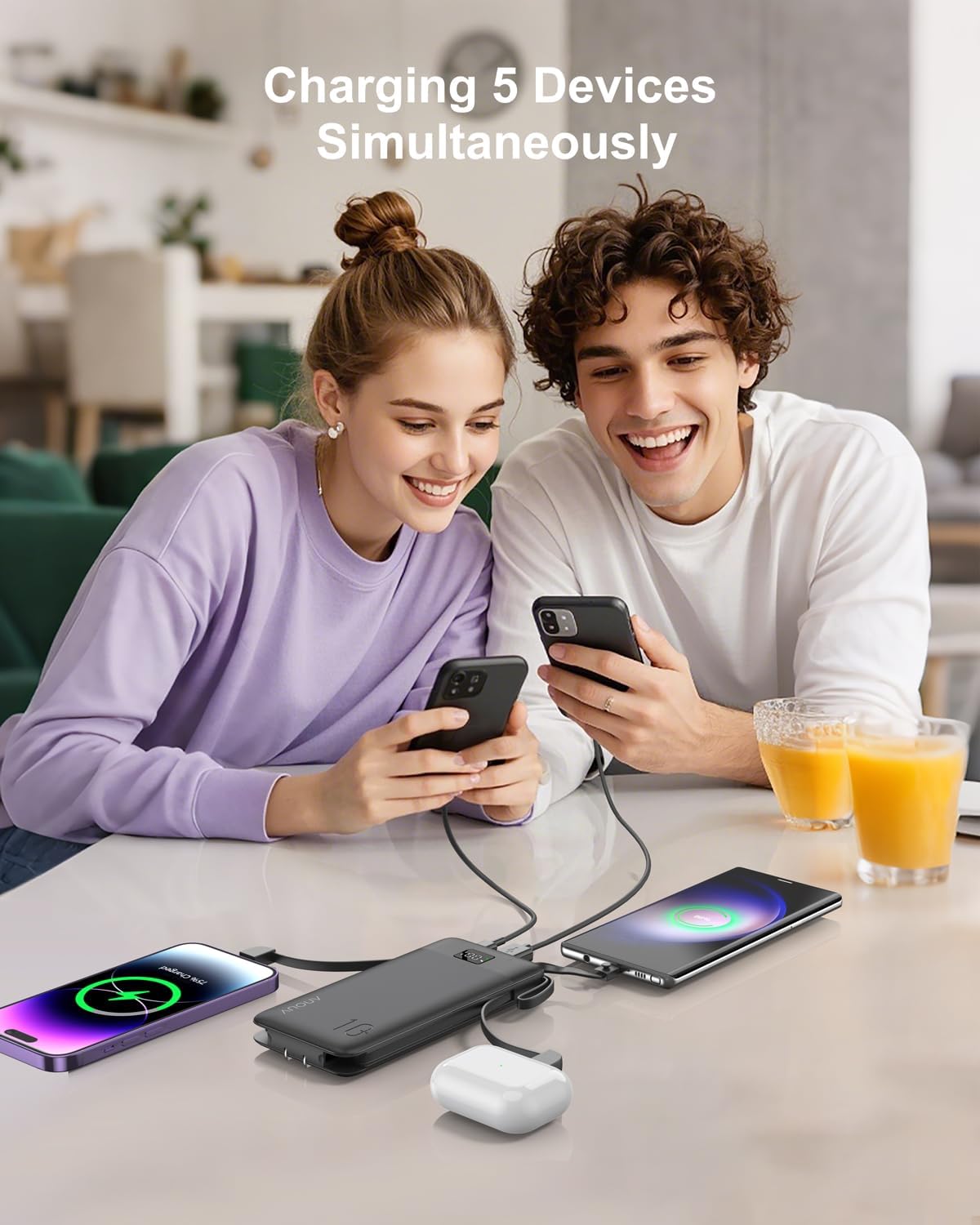 ANOUV 10000mAh 22.5W Pack 17/16/15/14/13 Portable Charger Built-in Cables and AC Wall Plug, PD Fast Charging Power