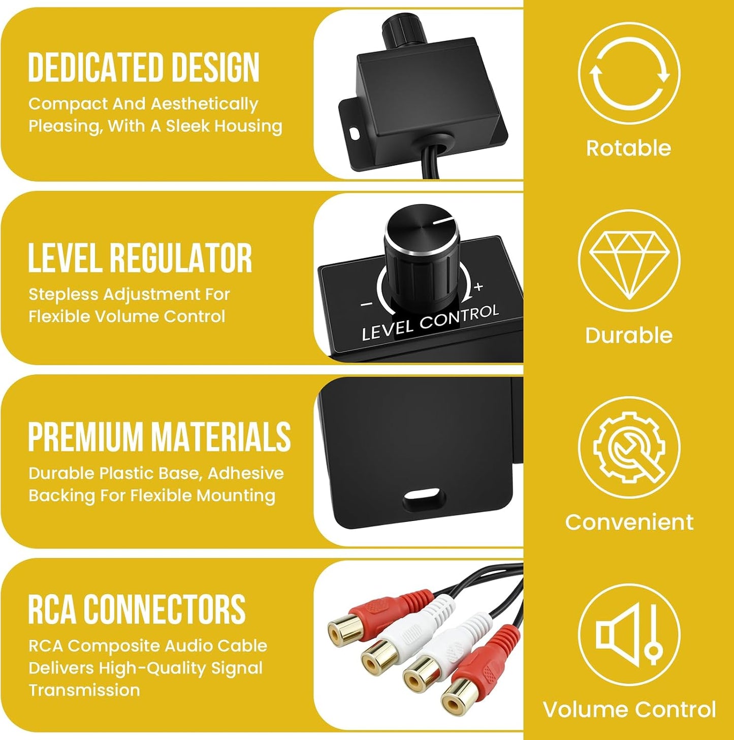 UBANU 3Pcs Universal RCA Level Controller with Audio Cables | Car Audio Bass Control Knob | RCA Stereo Cables |
