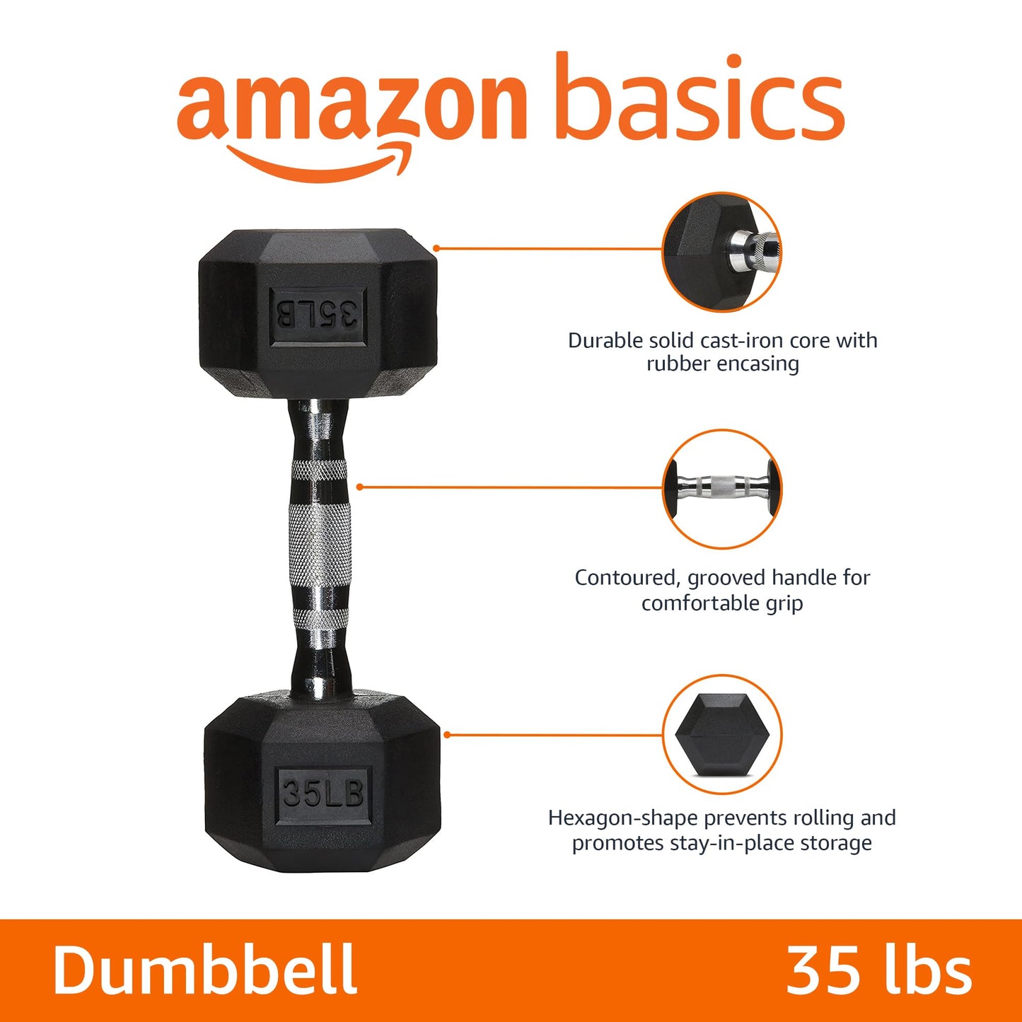 Amazon Basics Rubber Hex Dumbbell Hand Weight with Comfortable Grip for Home Gym Workout, 35 Pounds, Single, Black