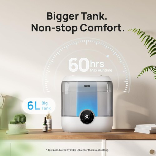 DREO 6L Top Fill Humidifier - Quiet 28 dB Cool Mist for Large Rooms | 60-Hour Runtime, Easy to Clean