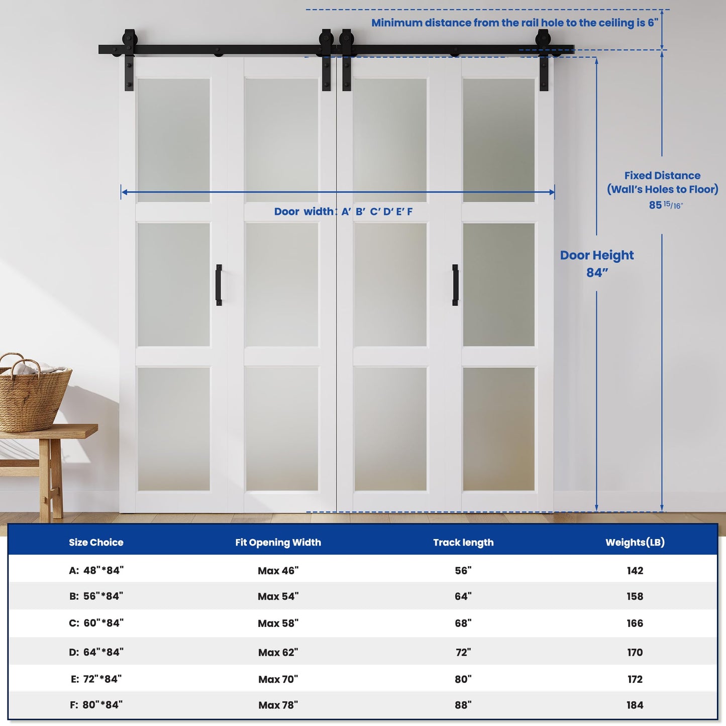 SMARTSTANDARD 56in x 84in Bifold Barn Door, Frosted Glass Barn Door with Hardware Kit Included, Pre-Drilled Holes Easy Assembly -Solid Barn Doors Slab Covered with Water-Proof PVC Surface, White