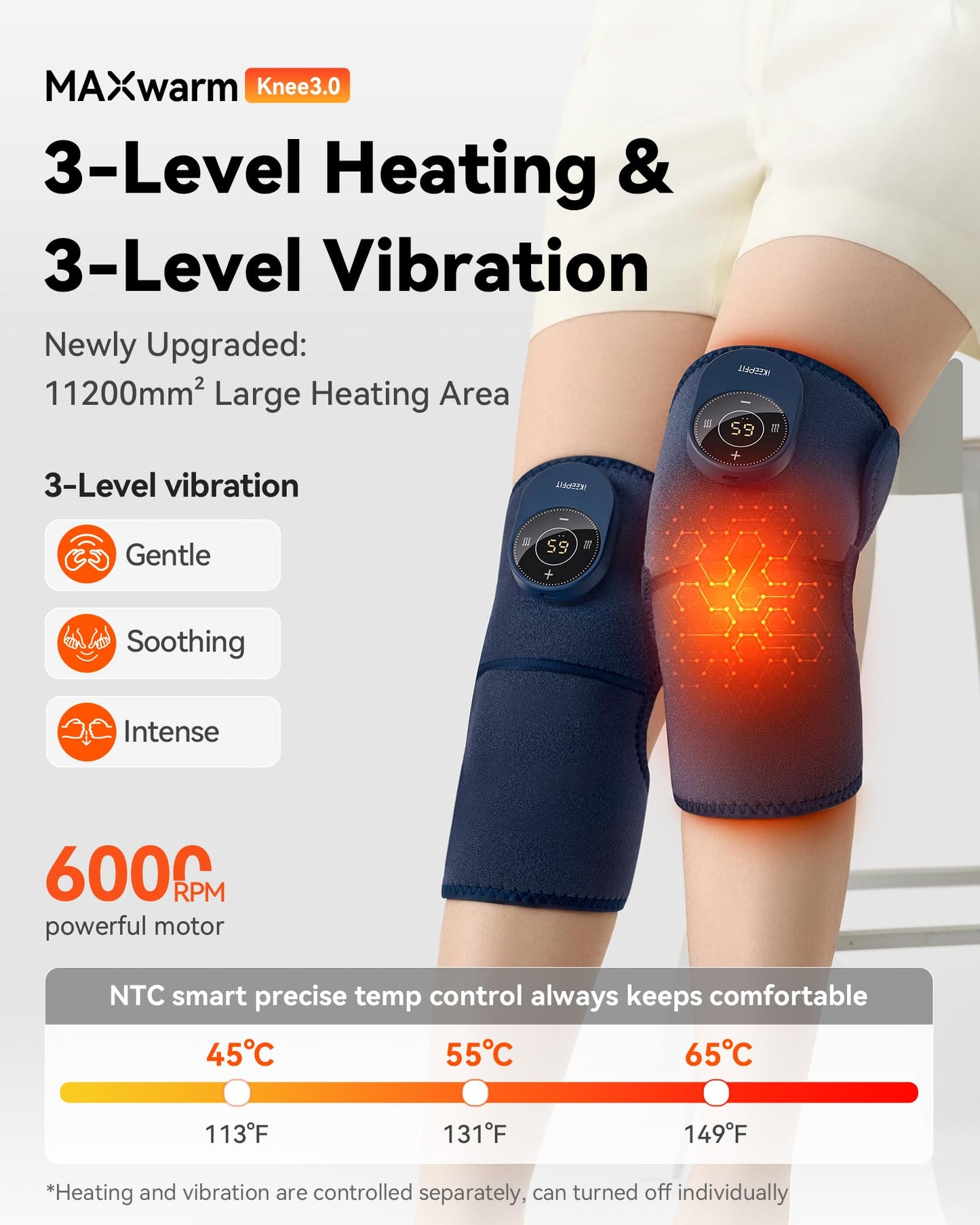 IKEEPFIT Cordless Knee Massager with Heat Vibration for Pain Relief MAXwarm 3.0[2026 Upgraded]-Electric Heated Knee Brace with 3 Heat Levels and 3 Massage Mode, for Men Women(Blue, 2-Pack)