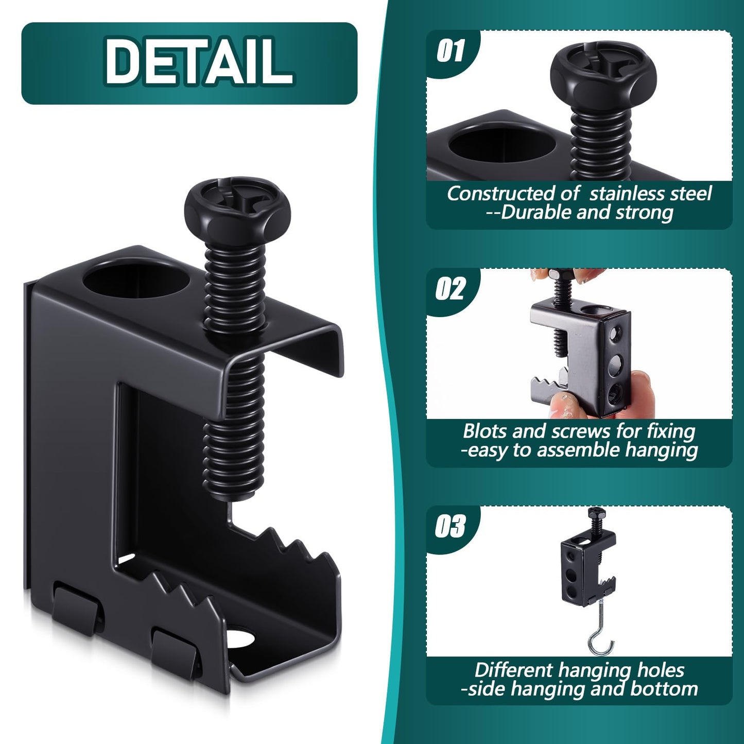 Tandefio 200 Pcs 1/4"-20 Spring Steel Beam Clamps Metal Beam Hangers Bolt on Clamp for Installation on Beams 1/4" and 3/8" Threaded Rod, S Hooks Bridle Rings for Pipe Cable Woodworking Tool (Black)
