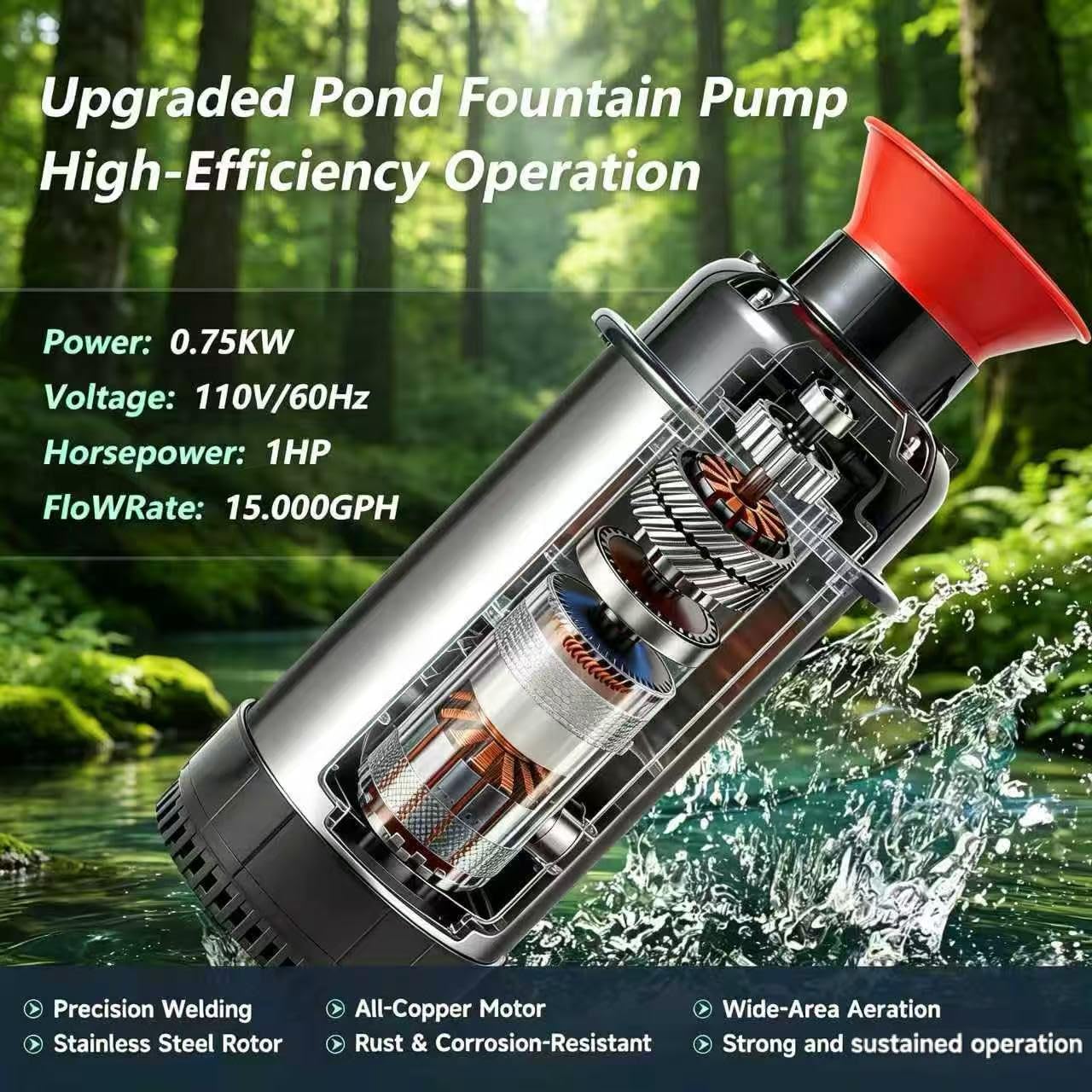 Pond Fountain Aerator, Pond Fountain, 1 HP Pond Aerator /110V 15,000 GPM, 100-foot Power Cord + 2 x 33-Foot Ropes/Timer Aerator Fountain, Suitable for Various Ponds and Lakes