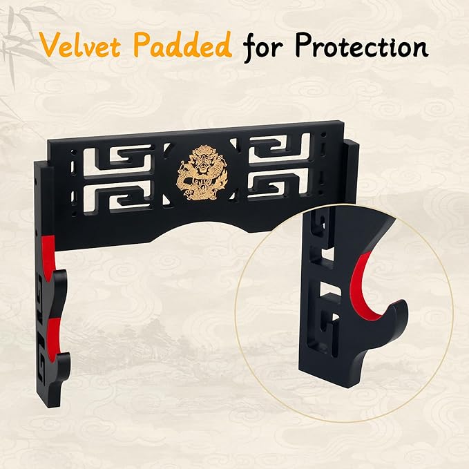 Sword Display Katana Wall Mount, 2-Tier Samurai Sword Katana Holder Stand with Velvet Padded Hook & Dragon Pattern, Sword Rack for Wakizashi Samurai Lightsaber