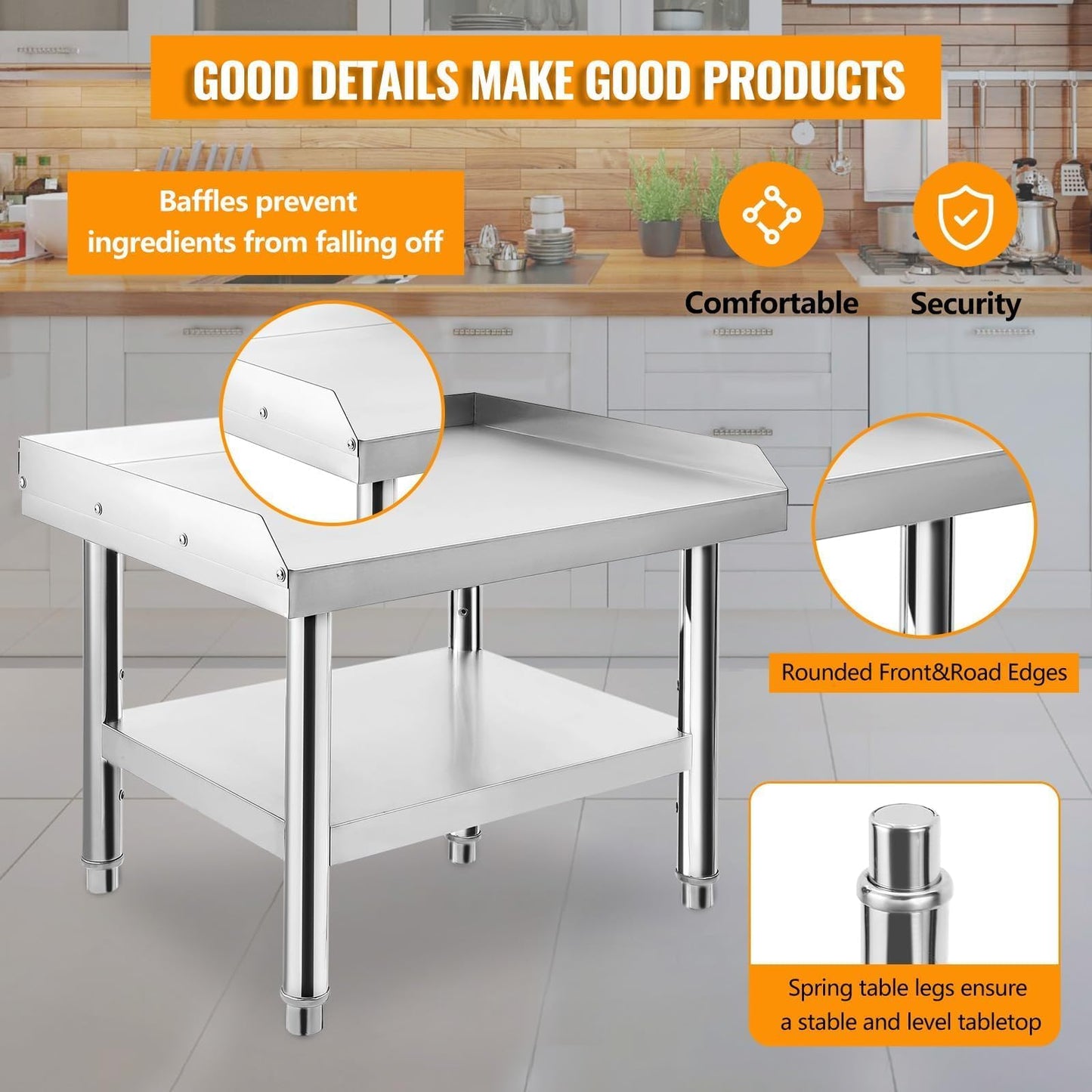 ExploreHorizon Stainless Steel 36x28x24 Inch Equipment Grill Stand Table, 660 Lbs Top & Bottom Shelf, Adjustable Legs, 2" Edge Baffle, for Hotel, Home, Commercial Restaurant Kitchen
