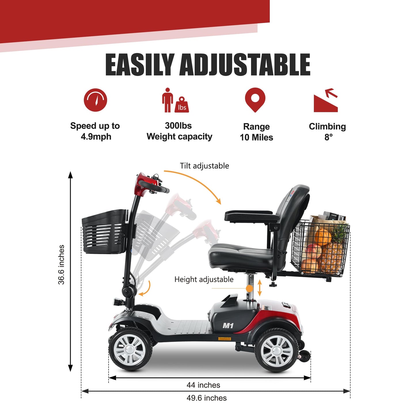 Metro Mobility 4 Wheel Foldable Mobility Scooter for Adults - 300 lbs Capacity Electric Mobility Scooters for Seniors, Travel - Long Range Power Extended Battery with Charger and Basket - Red