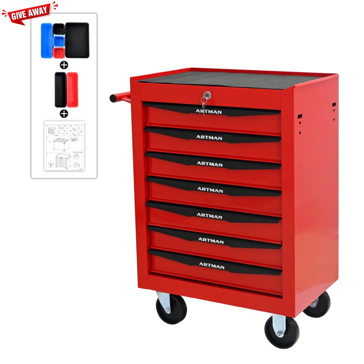 Thetilsy Rolling Tool Chest Cart with 7 Drawers,Storage Tool Cabinet on 4 Wheels. Lockable Tool Cart with Drawer Liners.Steel Tool Box Organizer for Garage,Repair Workshop-Red