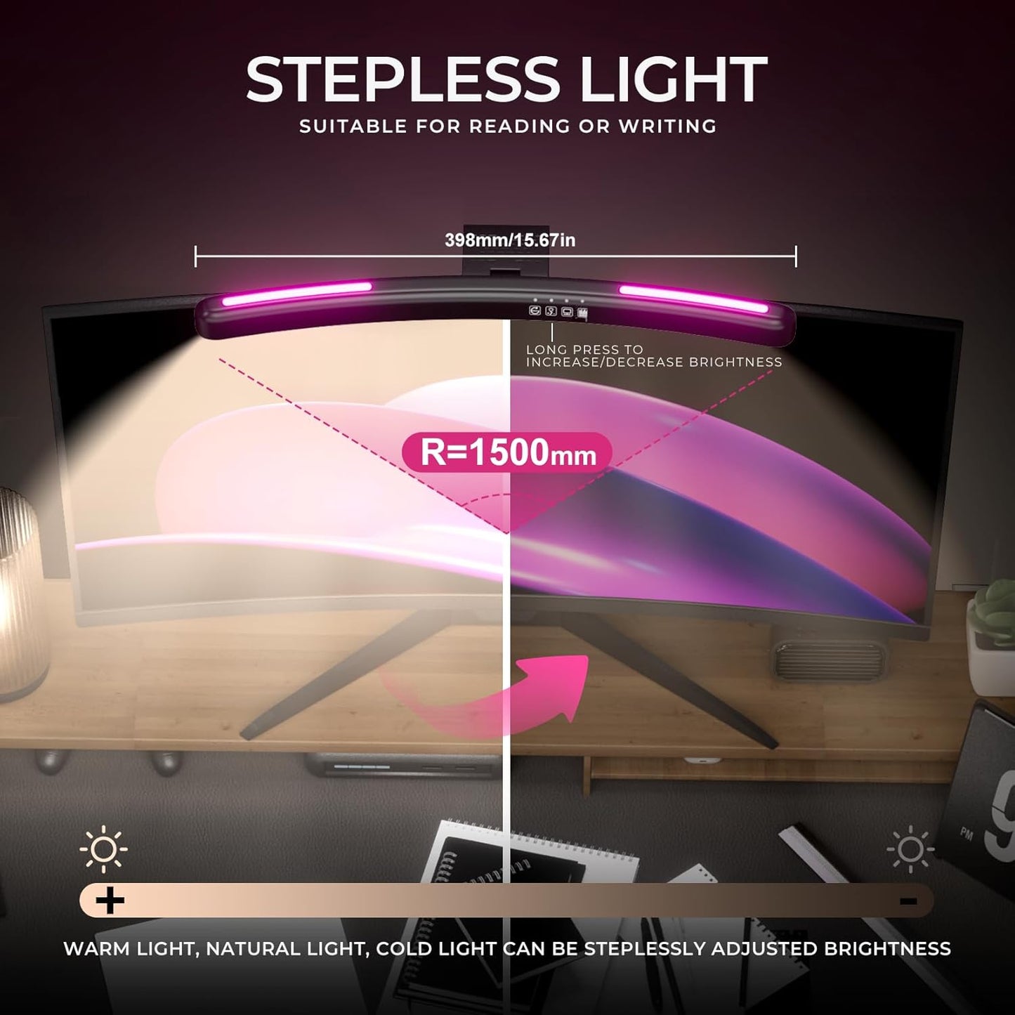 1500 mm Monitor Light Bar Curved, RGB Backlight, Computer Screen Lamp for Eye Care, Dual Light Mode with Touch Control
