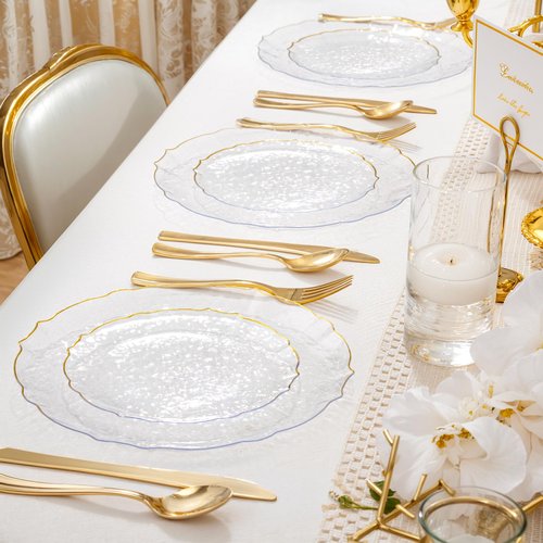 bUCLA 40PCS Clear and Gold Plastic Plates - Fancy Lace-Edge Clear Plates with Gold Trim Hammered Disposable - Include 20 Each(Dinner&Dessert) for Party & Wedding