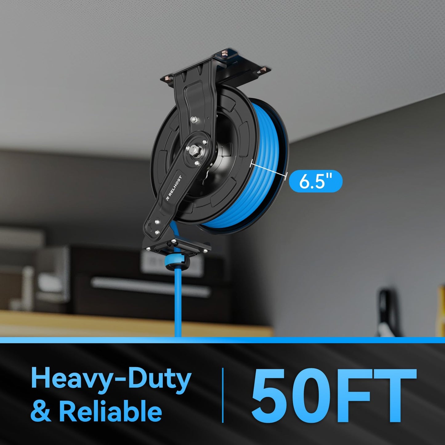 Relhost Retractable Air Hose Reel, 50 ft x 3/8 in Hybrid Air Hose Max 300PSI, Heavy Duty Air Compressor Hose Reel with Auto Rewind, Ceiling/Wall Mount for Garage, Workshop, Home Studio