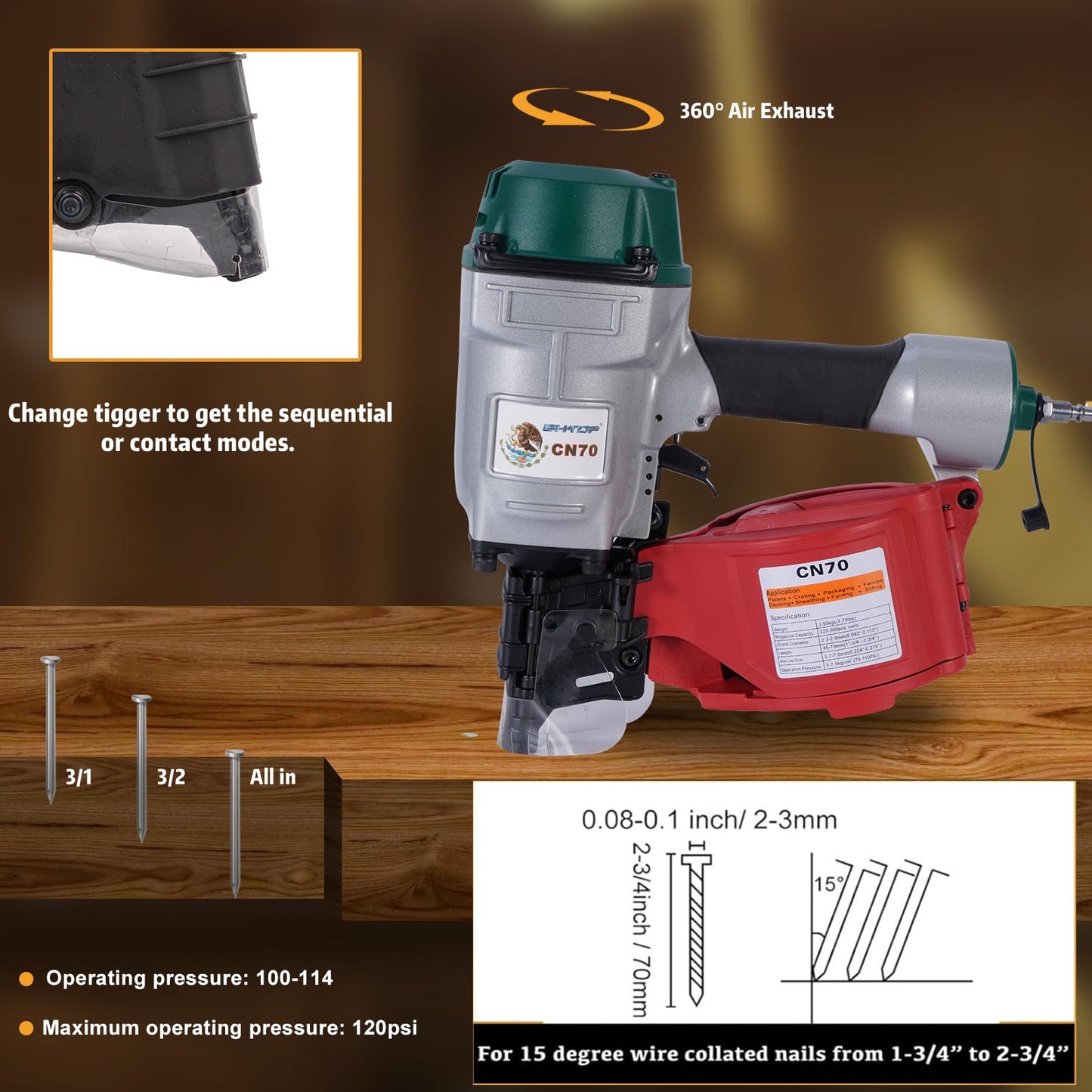 BHTOP Mexican Style CN70 Coil Siding Nail Gun, 15 Degree Pneumatic Siding Nailer, 1-3/4" to 2-3/4" Coil Siding Nailer for Siding Sheathing Wooding Fencing Decking