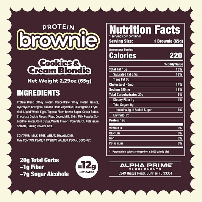 Prime Bites Protein Brownie from Alpha Prime Supplements | High Protein, Collagen Fortified Low Sugar Treat | Delicious Snack | 12 Bars per Box (Blueberry Cobbler)