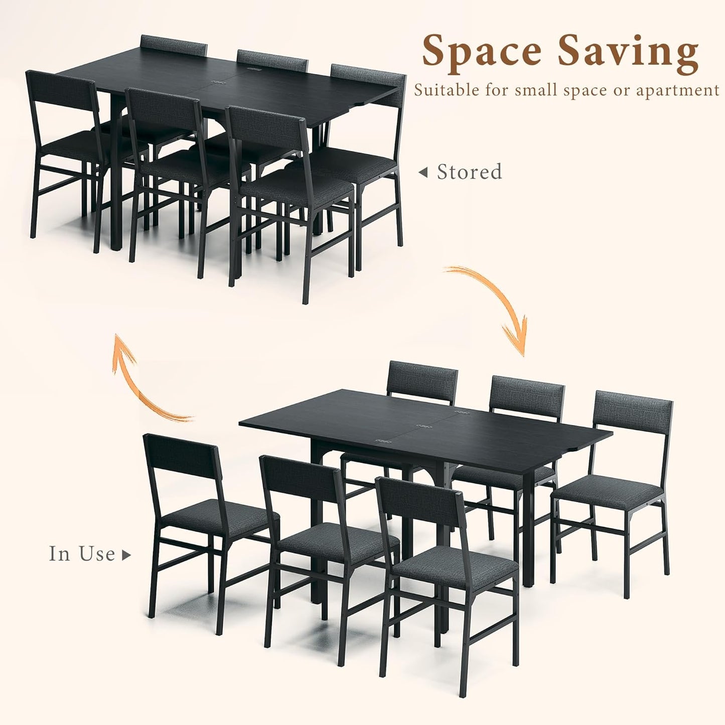 Regine Switzerland 7-Piece Dining Table Set - Extendable Kitchen Table with 6 Cushioned Chairs | Space-Saving Black Design