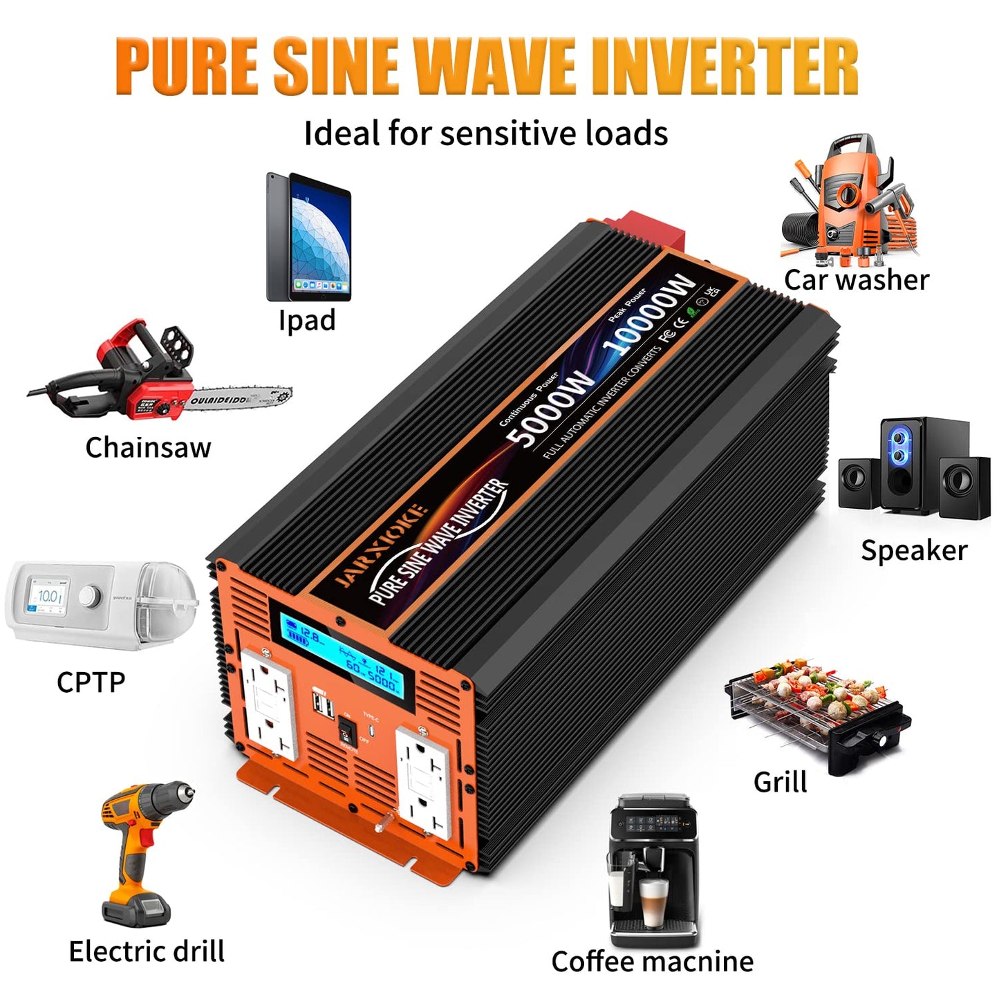5000W Pure Sine Wave Power Inverter 12V DC to 110V 120V Converter for Family RV Off Grid Solar System Emergency Power Supply, Type-C Port 4 GFCI AC Outlet Dual USB Remote Control and LCD Display