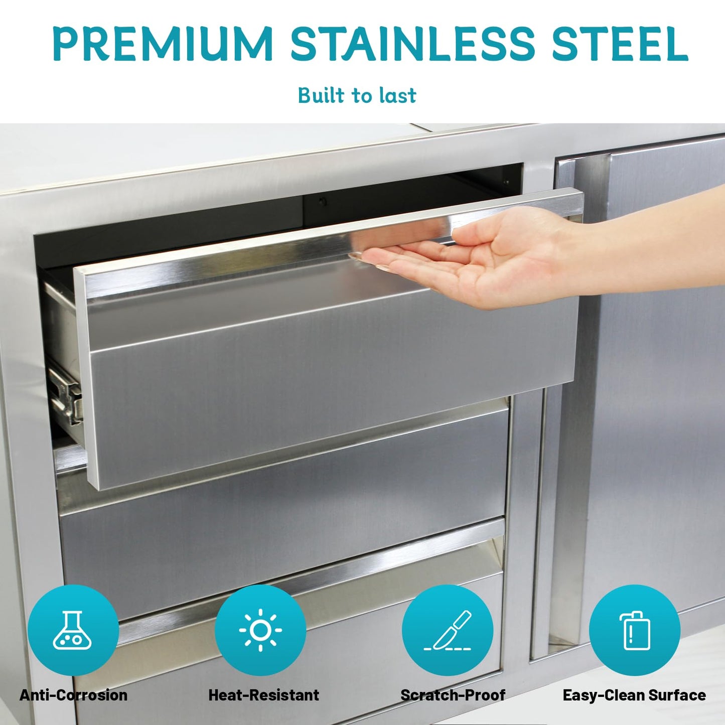 FORJAMINT Outdoor Kitchen Door Drawer Combo Cabinet,38.1W x 22.6H x 20.8D Stainless Steel with Handles,Triple Drawers & BBQ Access Combo for Outdoor Kitchen Island (Drawer and Left Door Combo)