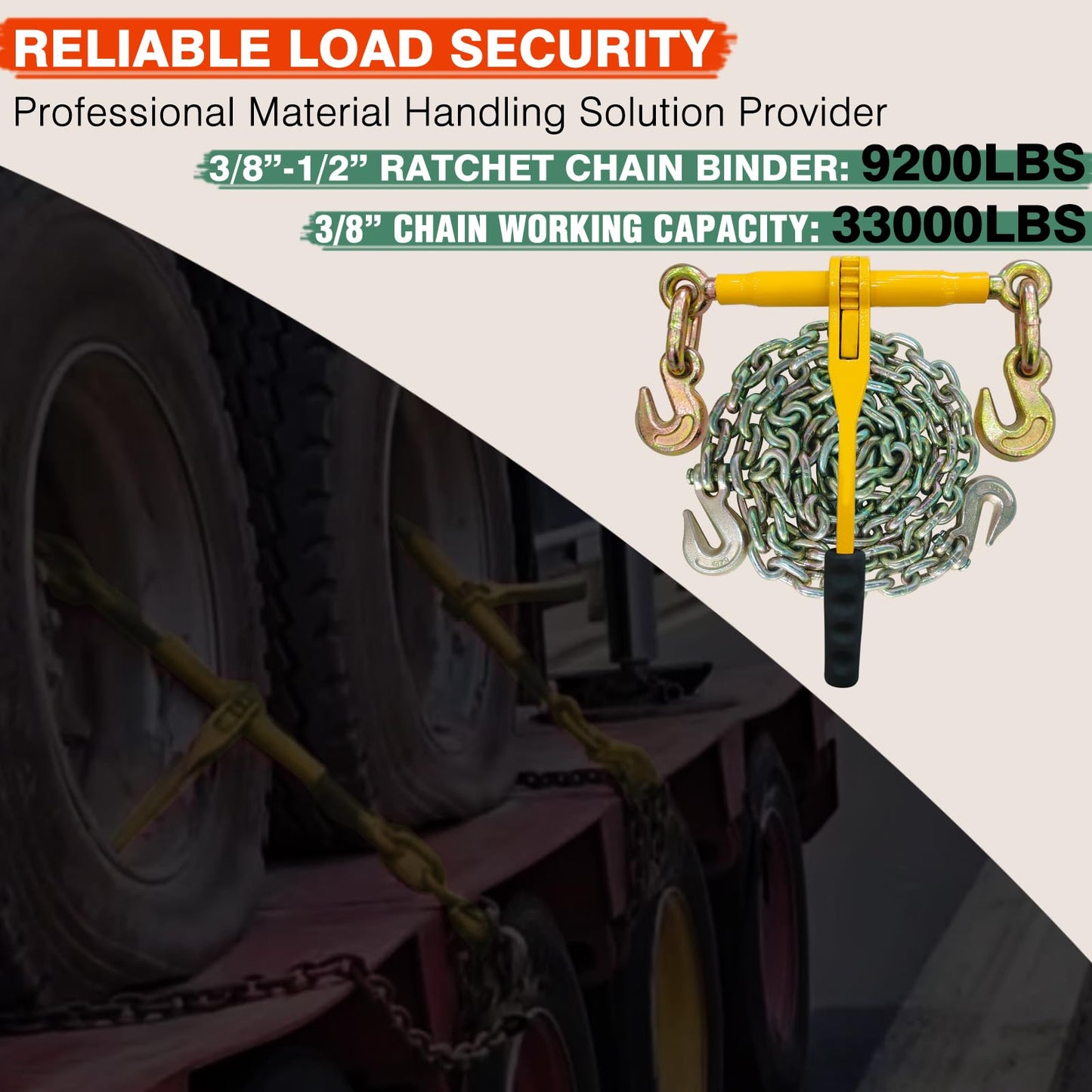 Ratchet Chain Binders,Heavy Duty Load Binders with Grab Hooks,9200 LBS Secure Working Load,Tie Downs for Grade 70-80 Transport Chain,for Towing,Hauling,Flatbed Trailers,3/8''-1/2", 4 Pack
