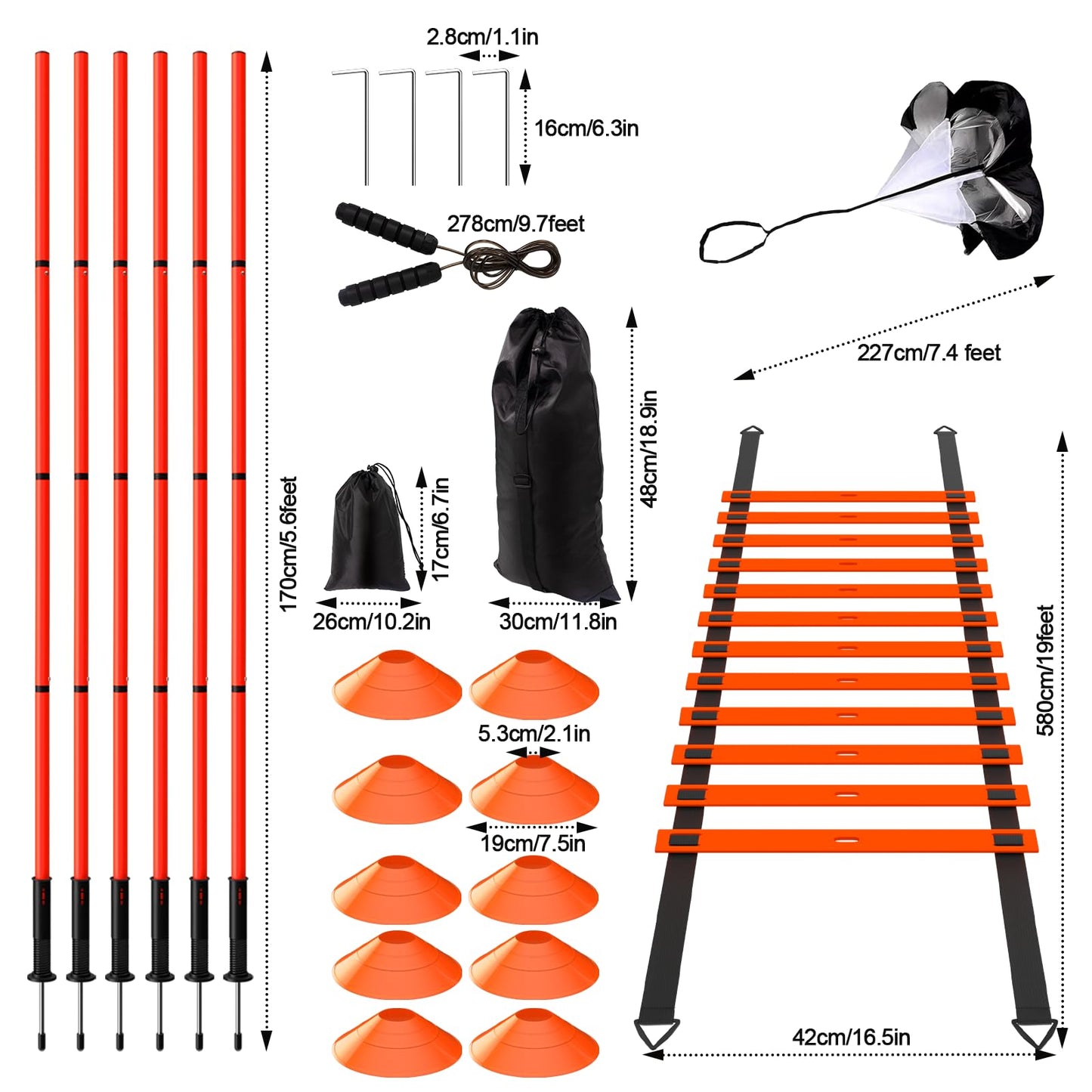 Supvision 24Pcs Soccer Agility Training Equipment Set Ultimate AgilityPoles Cones Ladder More for Quick Assembly and Easy Portability Suitable for All Skill Levels Enhance Speed Orange
