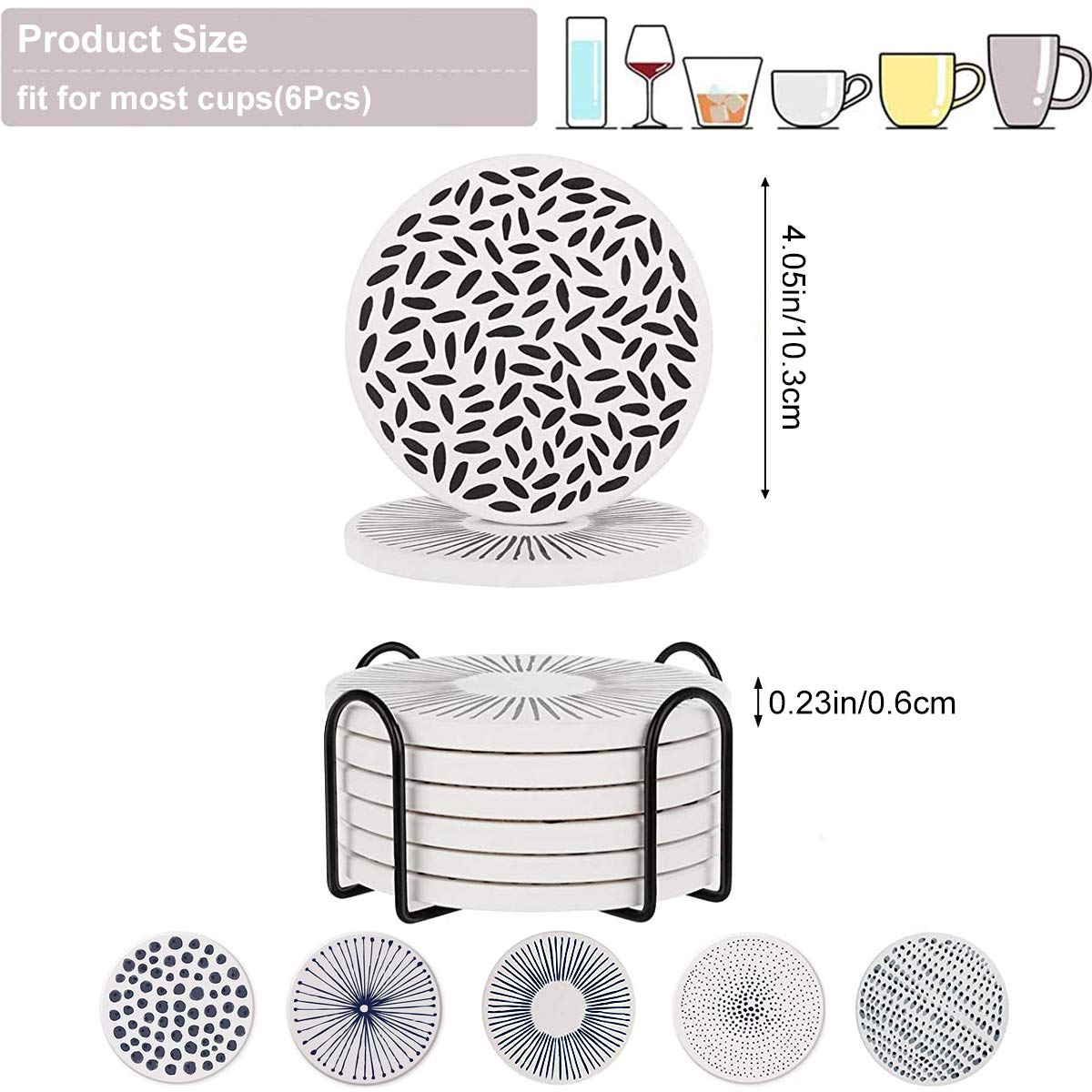 YumSur Drink Coasters Set of 6 with Holder Absorbent Ceramic Stone Coasters with Cork Bottom Heat and Scratch Resistance Decorative Drink Mats Cup
