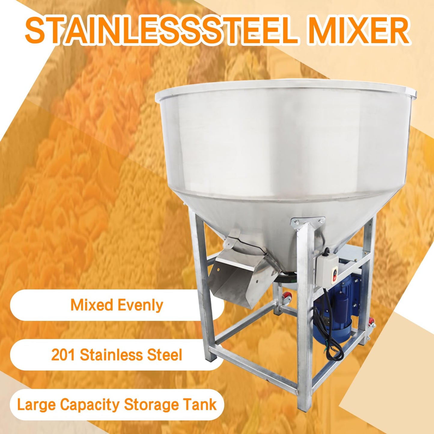 JARYANNIX 440LB Stainless Steel Feed Mixer, 110V 4KW Discharge Plastic Particles Mixing Machine with Spiral Stirring Blades, for Grain and Fertilizer Blending