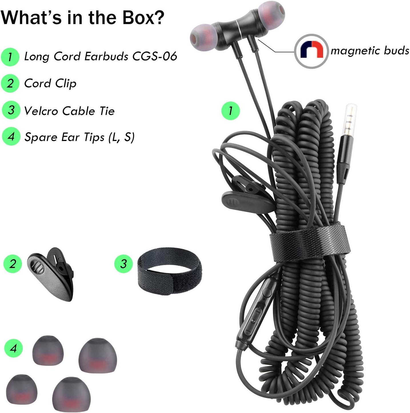12FT 3.5mm CGS06 Extra Long Earbuds for TV & PC, with Spring Coiled Extension Cable, Volume Control & Mic, in-Ear Wired