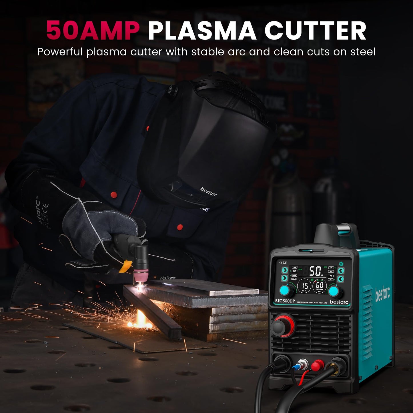 bestarc Pilot Arc Plasma Cutter, [Large LED Display][Air Sensor] 50A Plasma Cutter Machine 110/220V Dual Voltage, 1/2 Inch Clean Cut 4/5 Inch Max Cut, Post Flow Mesh, 2T/4T for Beginners DIY
