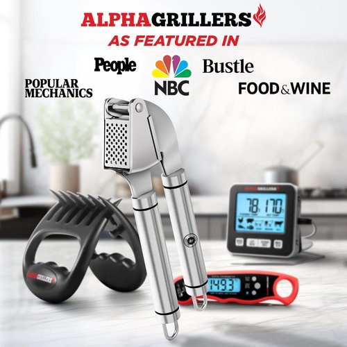 Alpha Grillers Garlic Press - Stainless Steel, Easy to Clean & Rust-Proof | Includes Silicone Peeler & Brush