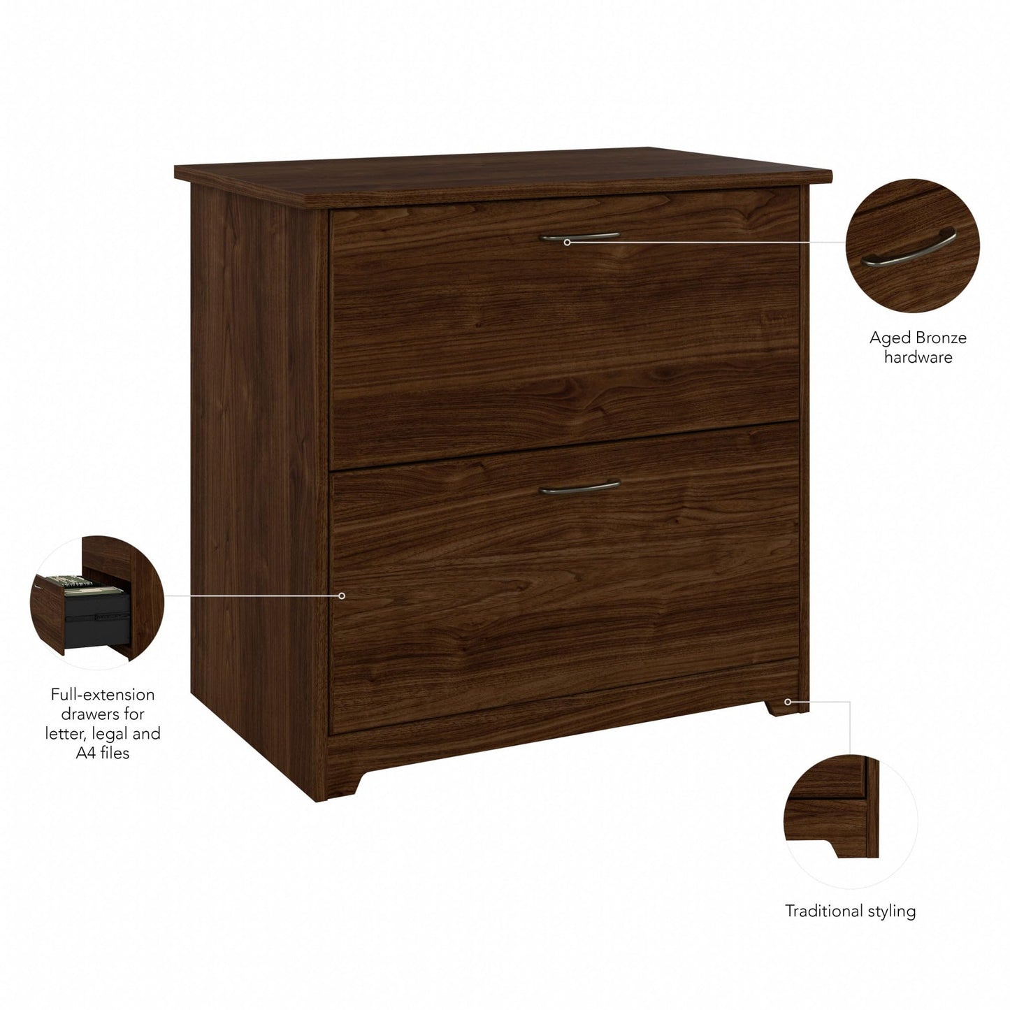 Bush Home Cabot 2 Drawer Lateral File Cabinet in Espresso Oak, Home Office Chest for Letter, Legal, and A4-size Document Storage