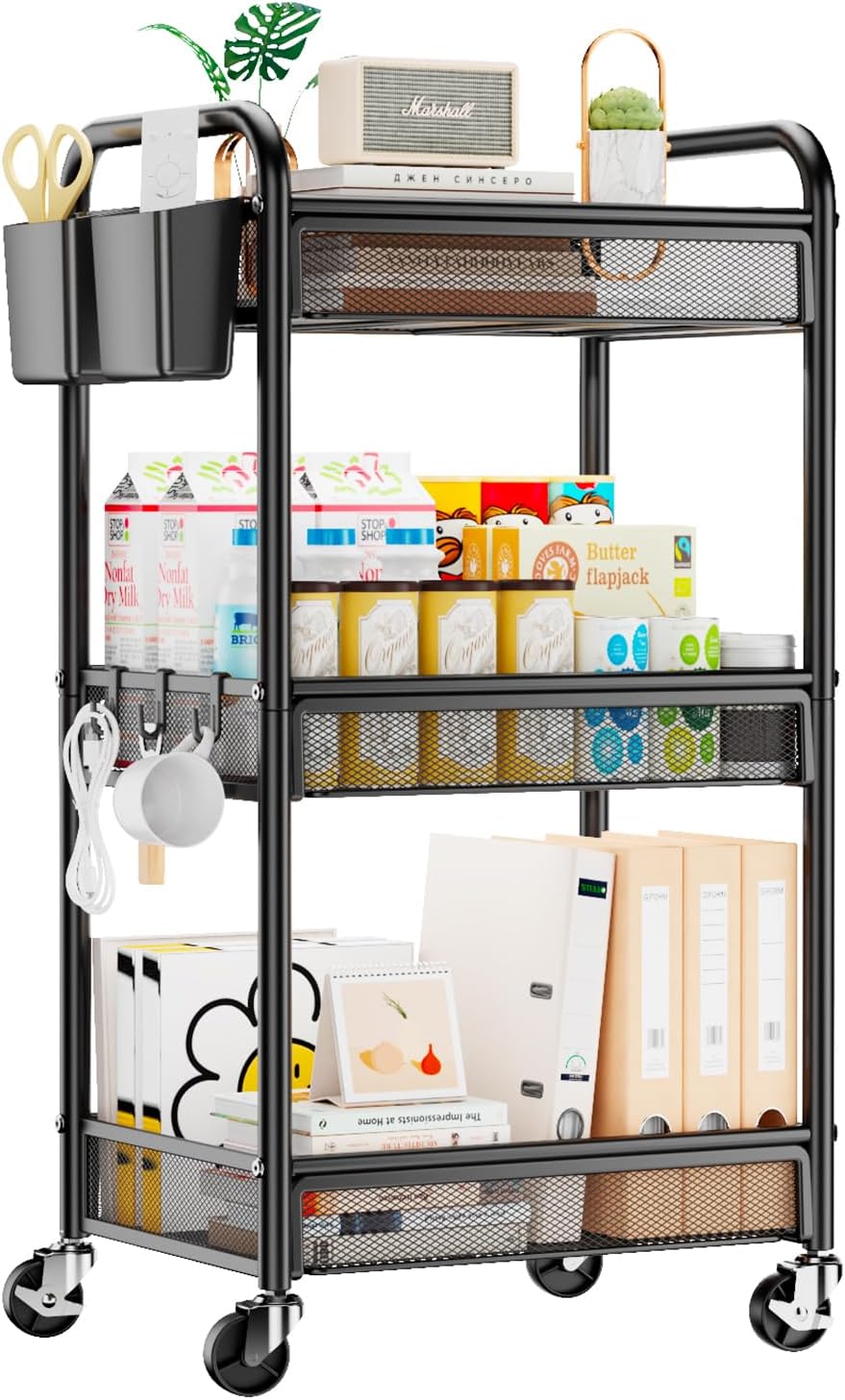 YASONIC 3-Tier Rolling Cart - Metal Utility Storage with Wheels & Hooks | Black Craft Organizer