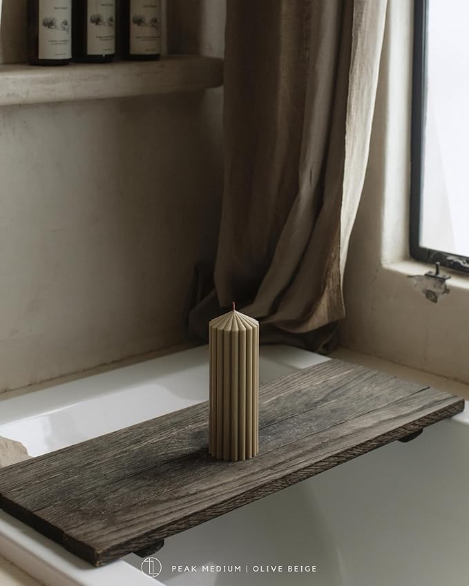 LAWA Ribbed Peak Pillar Candle - Large Beautiful Handmade Pillar Scented Soy Wax Candle Elegant Bubble Aesthetic Candle Housewarming Gift Home Room Shelf Decor Idea White (Medium, Olive Beige)