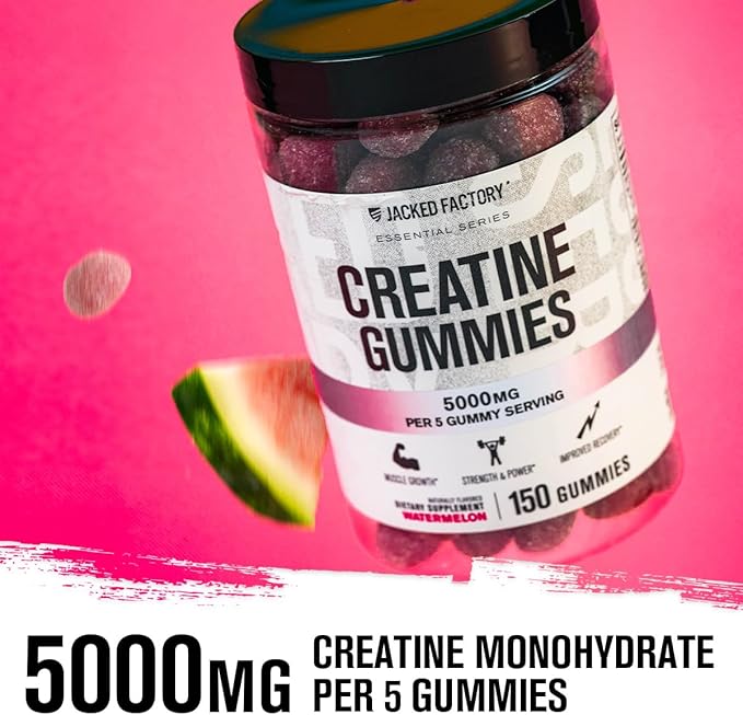 Jacked Factory Creatine Monohydrate Gummies 150g - 5g Daily Creatine Supplement for Men and Women, Vegan-Friendly, Third-Party Tested - 30 Servings, Watermelon
