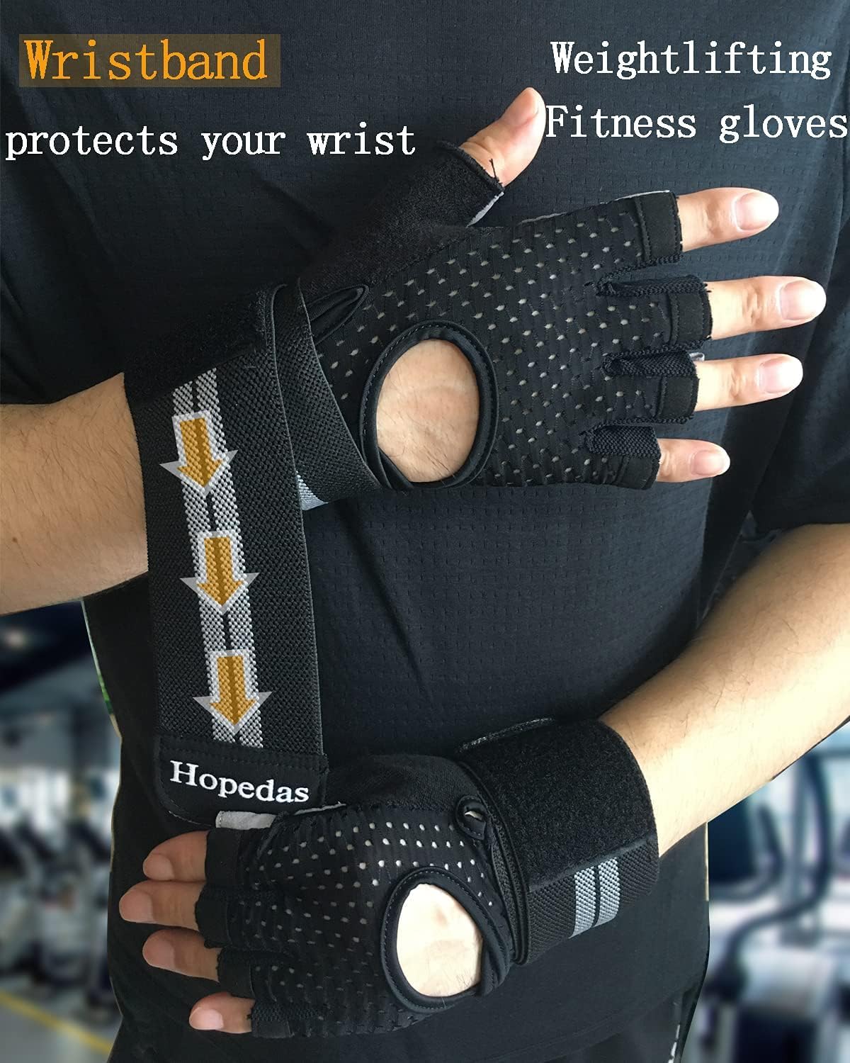 Hopedas Workout Gloves Gym Weight Lifting Gloves with Wrist Wrap Support for Men & Women,Breathable Fingerless Exercise Gloves,for Fitness,Training，Pull ups，Full Palm Protection-Black