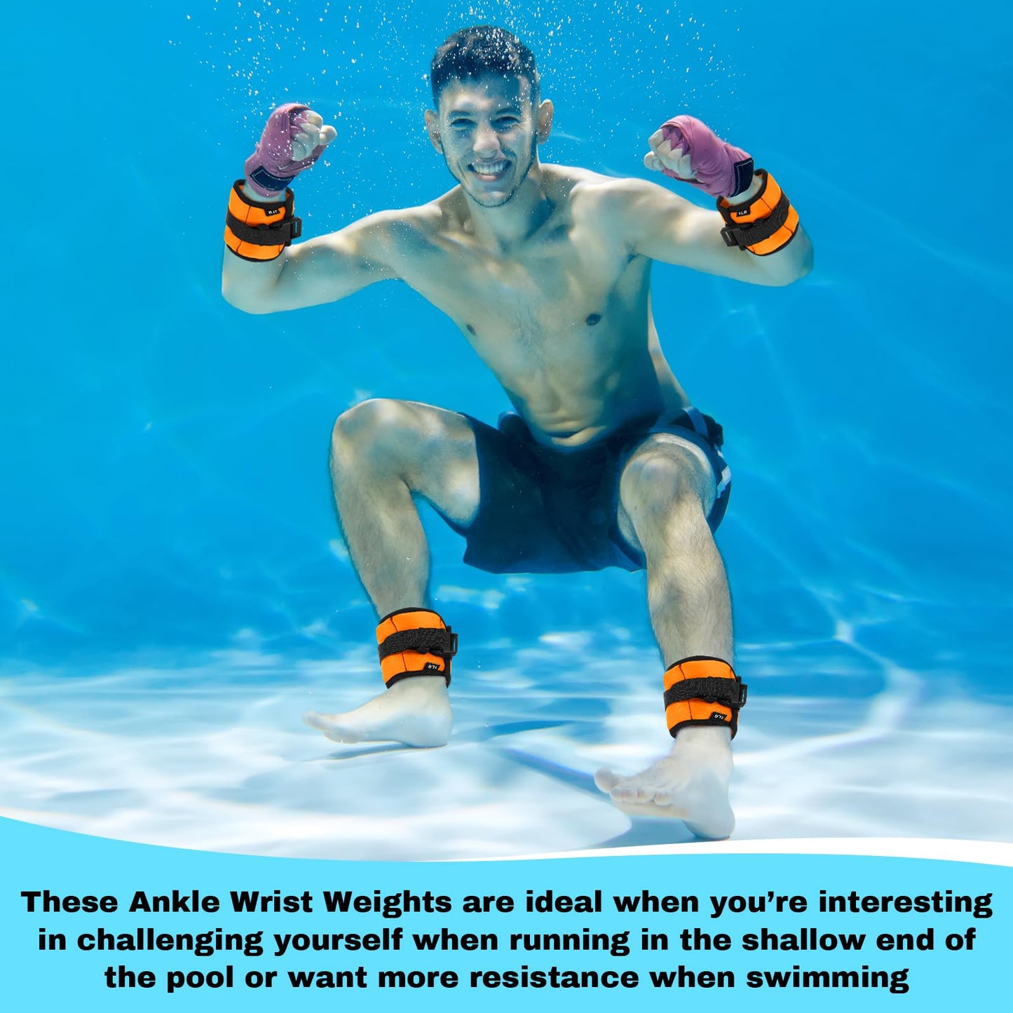 Hollowfly 2 Pairs Ankle Wrist Weights for Land or Aquatic Exercise Aqua Cuffs Aqua Aerobics Fitness Bands for Ankle and Wrist Adjustable Weights for Swimming Pool Workout Equipment (Orange,1lb)