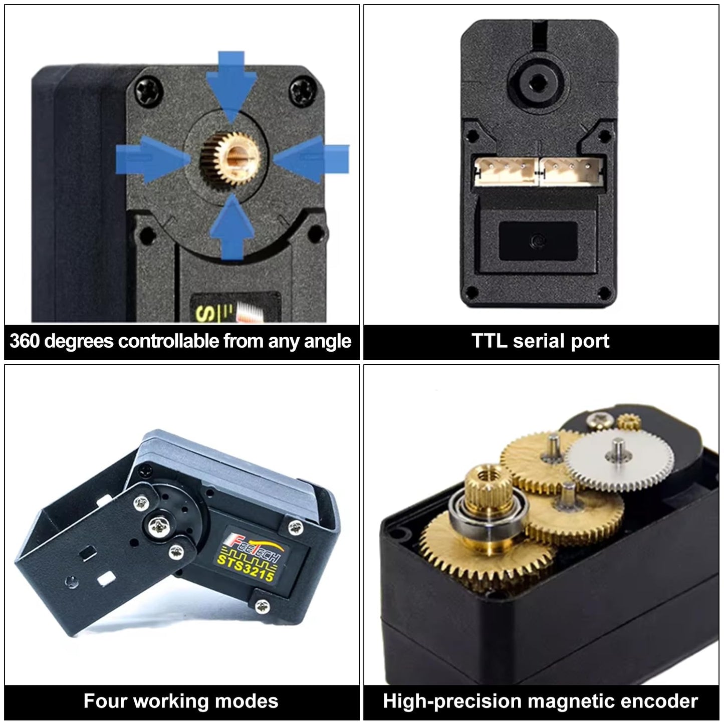 RCmall Feetech STS3215 Digital Servo Motor, High-Torque 19KG, 7.4V Dual Axis TTL Serial Bus Control, 360° Magnetic Encoder, Feedback Function, Black, 6-Pack