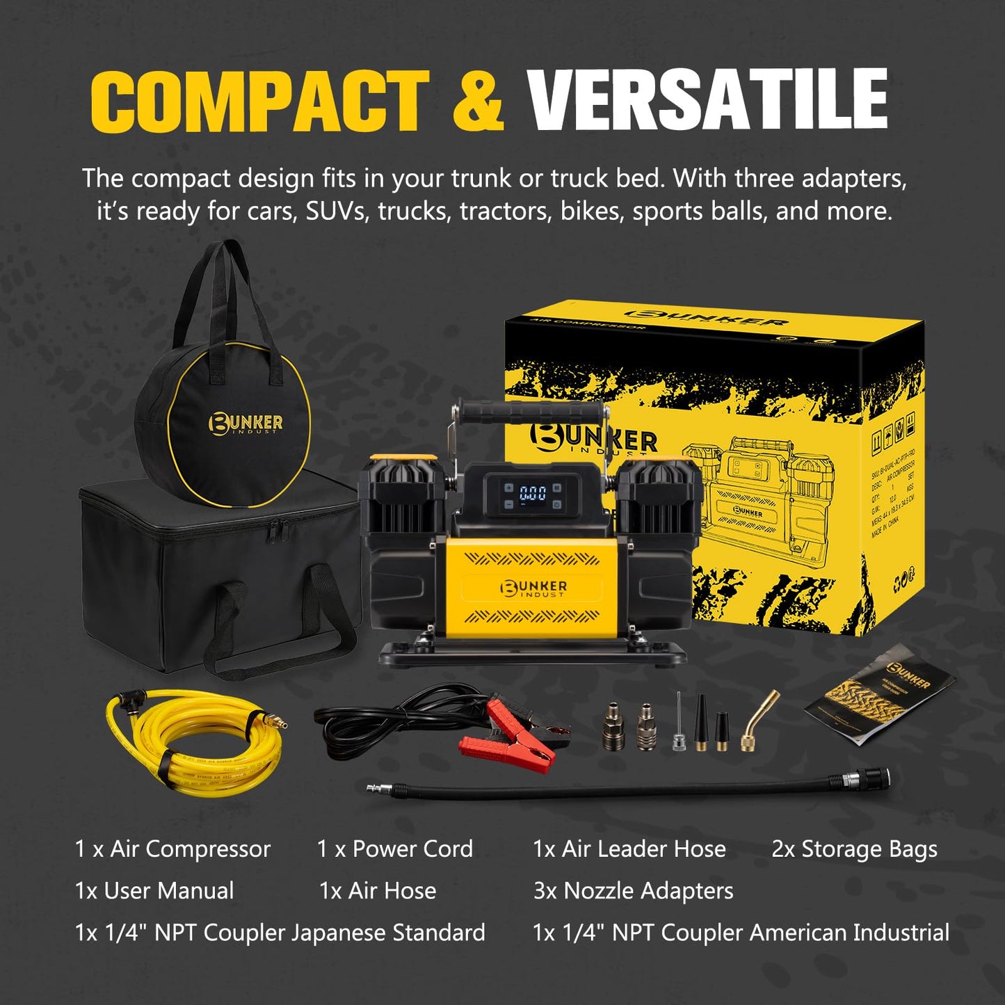 BUNKER INDUST 12V Air Compressor, Portable Inflator 12.3 CFM 150PSI Dual Tire Air Pump with LCD Control Panel Anderson-Style Plug for Off-Road 4x4 Vehicle, SUV, Truck