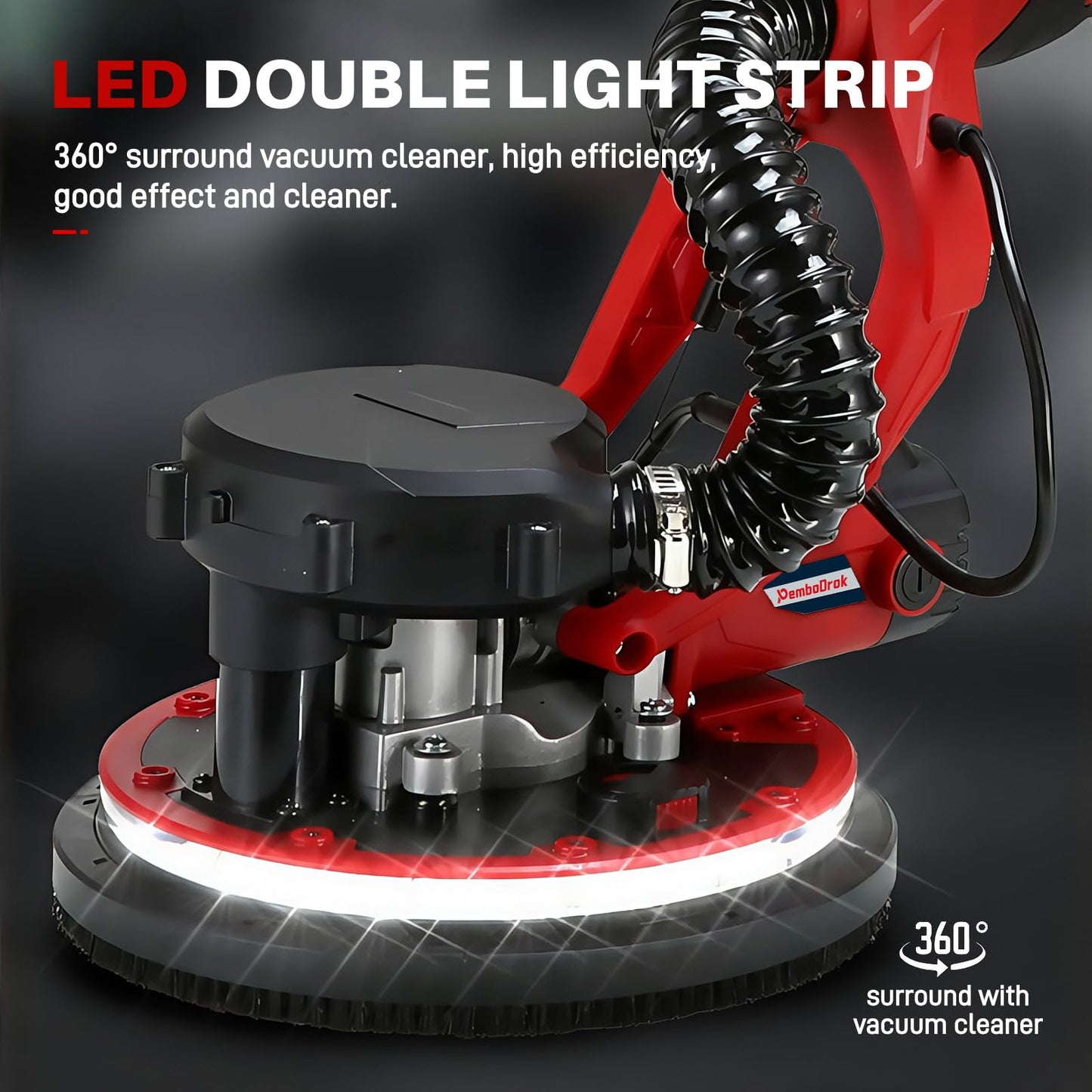 Drywall Sander - Popcorn Ceiling Removal Tool with Vacuum Dust Collector,Foldable,Variable Speed 800-1800RPM,Extendable Handle,LED Light,Sanding Discs,Red