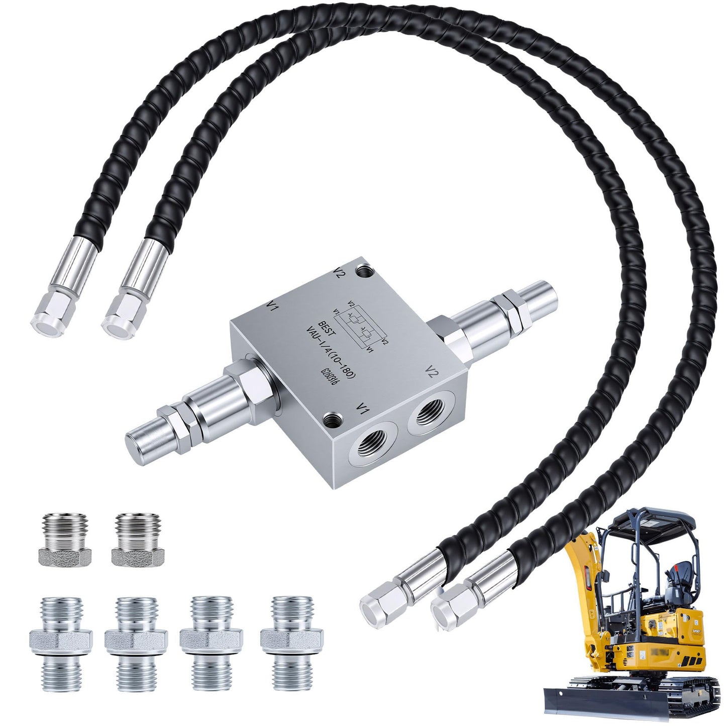 New Mini Excavator Cushion Valve Kit Complete for Swivel Motor Assembly, Fits Most Mini Excavators & Machinery with 1/4" Hydraulic Hoses & M14x1.5 Threaded Ends