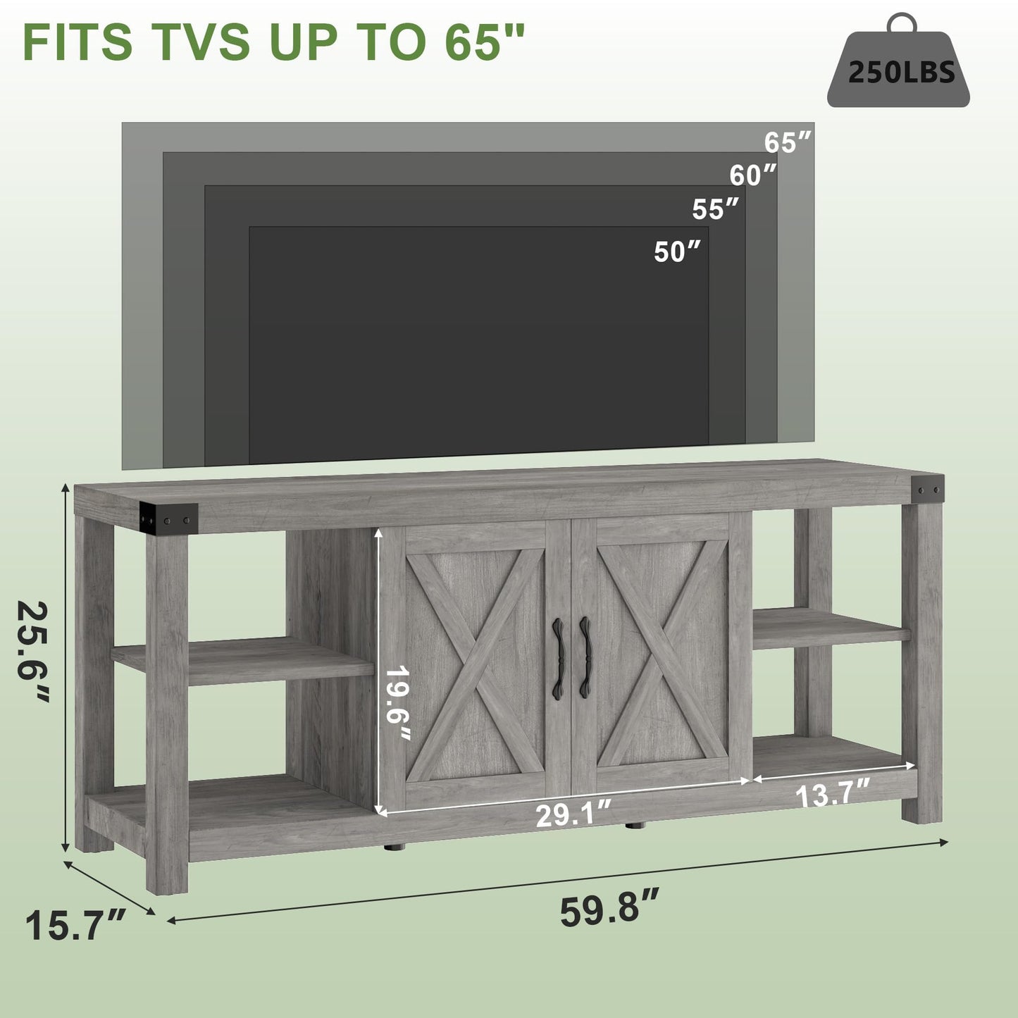Garvee TV Stand for 65'' TV, Farmhouse Entertainment Center with Storage, 60'' TV Console Table with Shelves, Modern Media Console Cabinet with Doors, Wooden TV Stand for Living Room, Bedroom, Grey