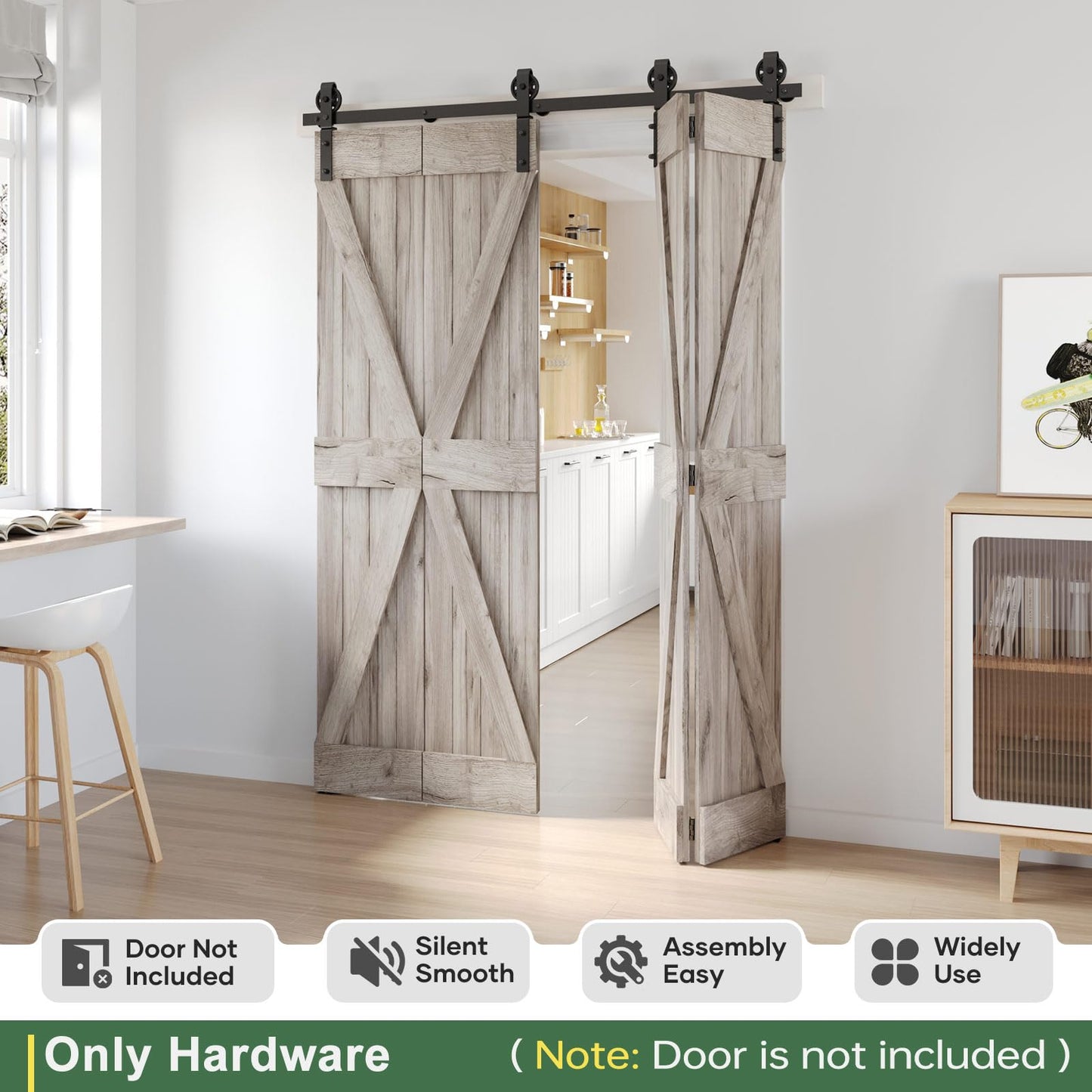Roymelo 64" Bifold Sliding Barn Door Hardware Track Kit,Side Mounted Black Spoke Wheel Roller,Smoothly and Quietly,Assembly Easy,Fit Four 15" Bi-Folding Doors (Door Not Included)
