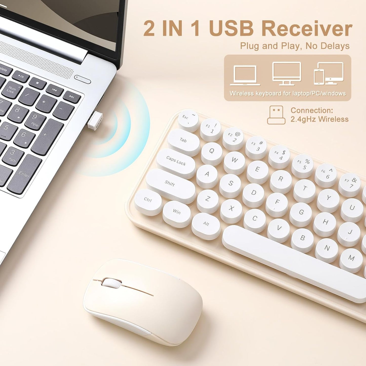 MIKIBY i68 2.4GHz WindowsxP/7/8/10 Wireless Keyboard and Mouse Combo, Retro Typewriter Style Keyboard with Round