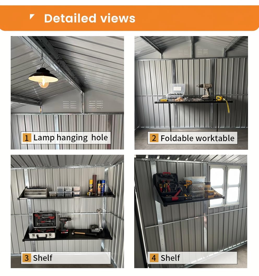 KEIKI 12x10 Ft Metal Outdoor Storage Shed Garden with Window, Foldable Worktable & Shelves, Lockable Door, Waterproof Apex Roof Heavy Duty Tool House for Backyard Garden Lawn, Brown