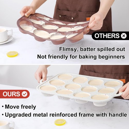 CAKETIME Silicone Muffin Pan - Nonstick 12-Cup Baking Tray with Metal Reinforced Frame | 2.8-Inch Cups
