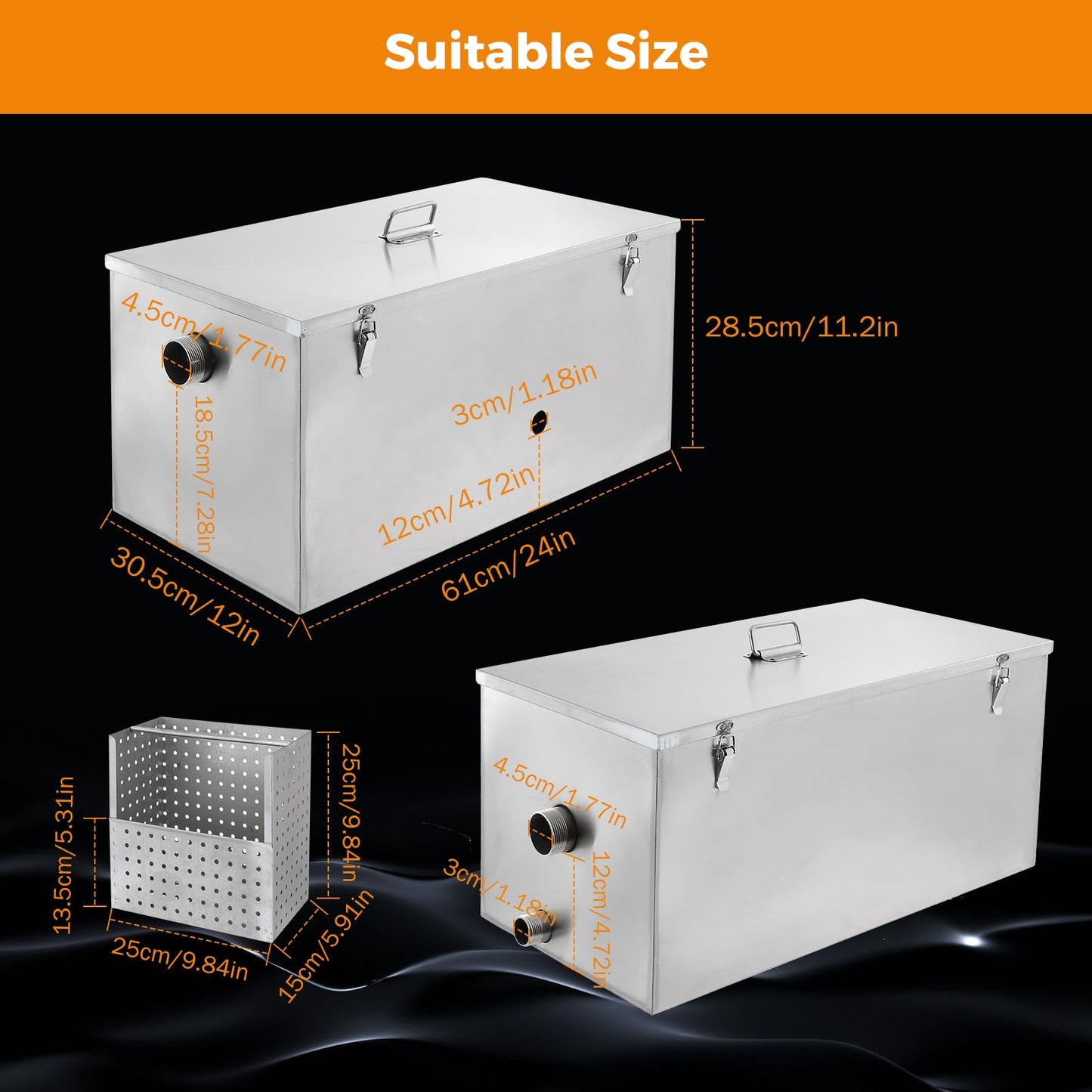 BEAMNOVA Commercial Grease Trap 25lbs Stainless Steel Interceptor, Side Inlet for Restaurant Home Kitchen Tools