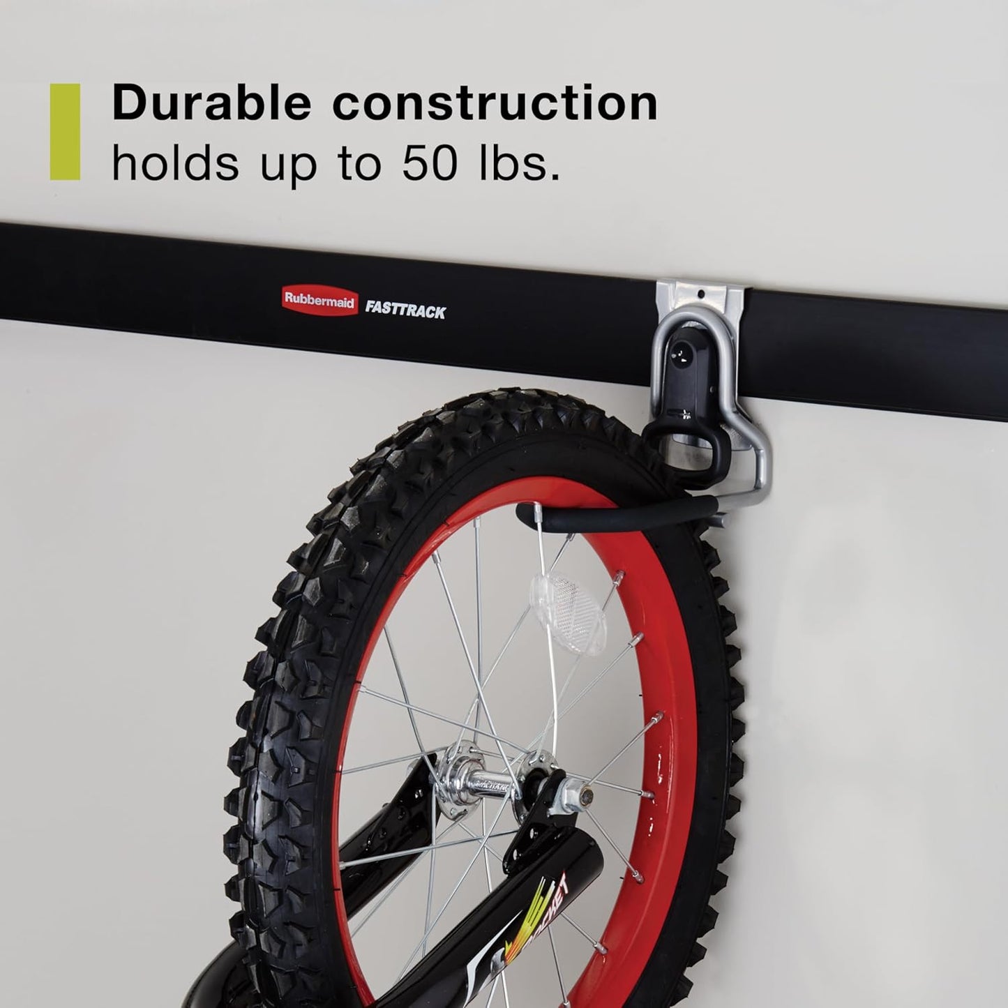 Rubbermaid FastTrack Vertical Bike Hook - Heavy-Duty Wall Mount Storage, Holds Up to 50 Pounds, Black